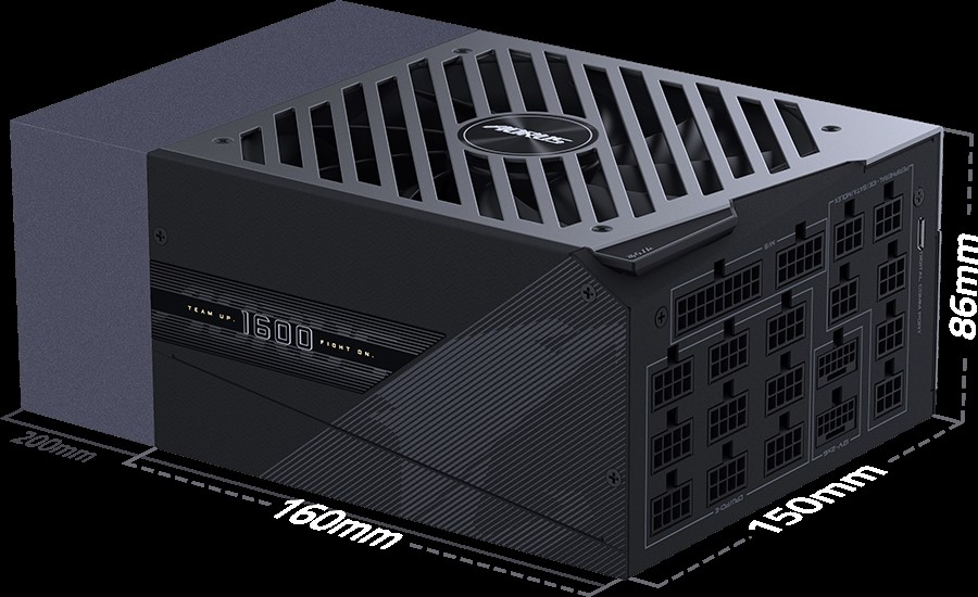 A Gigabyte Aorus 1600W power supply unit showing dimensions of 160mm x 150mm x 86mm and marked 'TEAM UP. FIGHT ON.'.