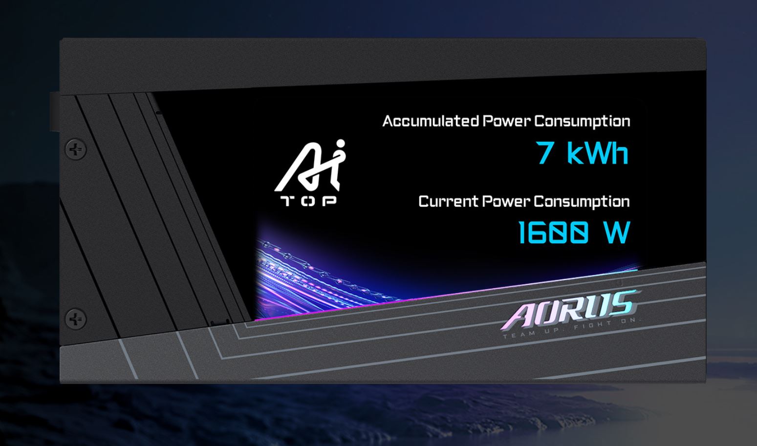 A screen displays 'Accumulated Power Consumption' of '7 kWh' and 'Current Power Consumption' of '1600 W' with the AORUS logo.