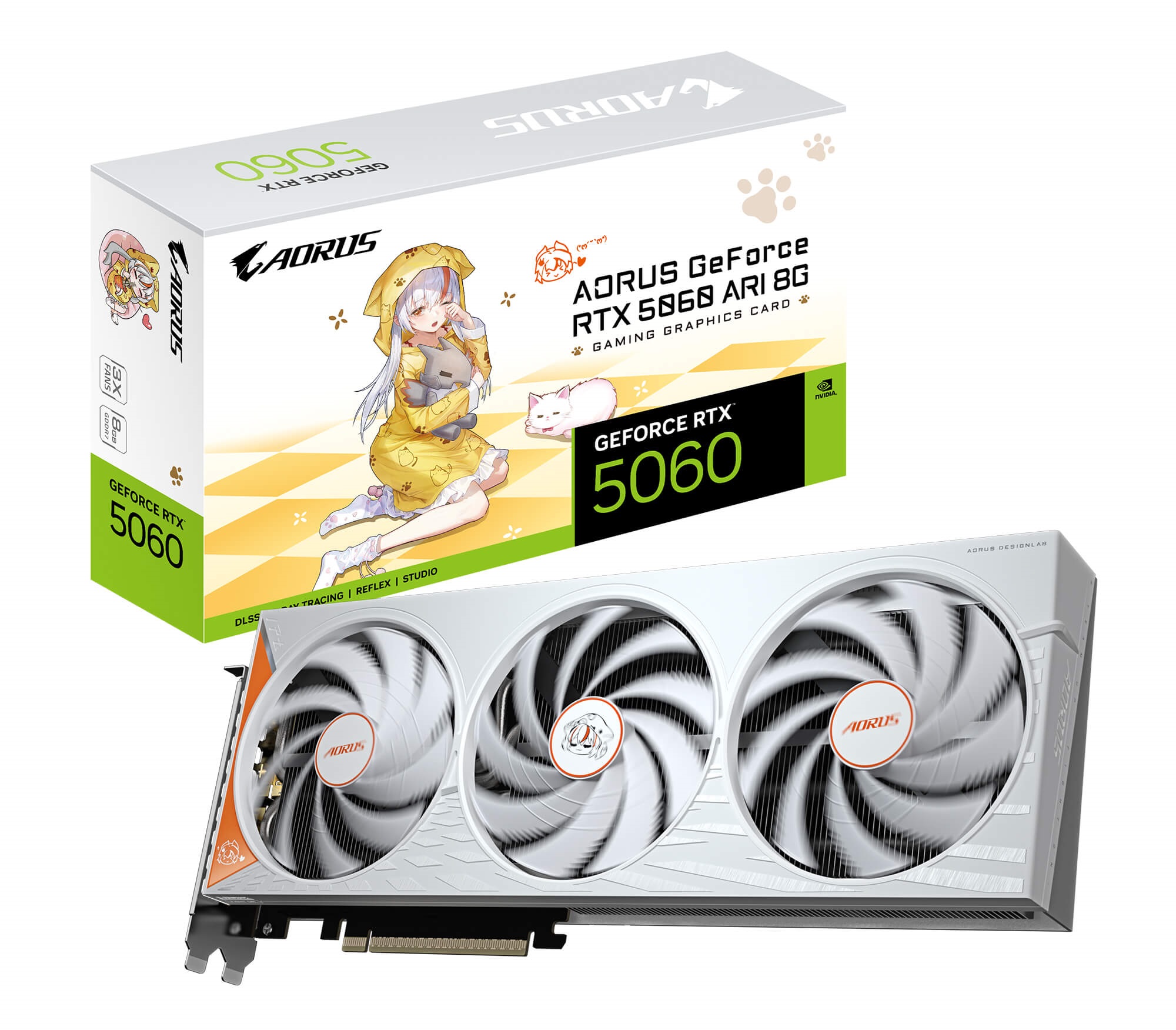 The image shows an AORUS GeForce RTX 5060 graphics card and its box featuring the text 'AORUS GeForce RTX 5060 A1 8G' and an illustration of a character in a yellow outfit with a cat.