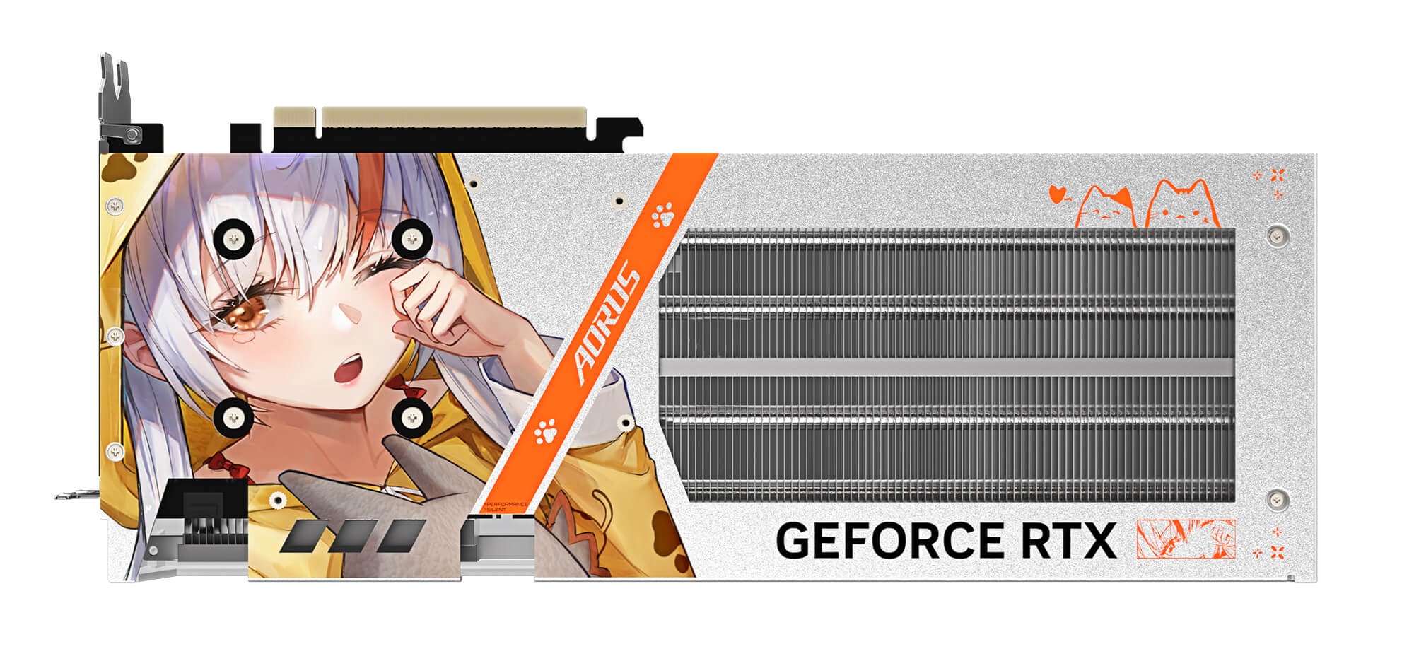 A graphics card featuring an anime character design, labeled with 'AORUS' and 'GEFORCE RTX'.