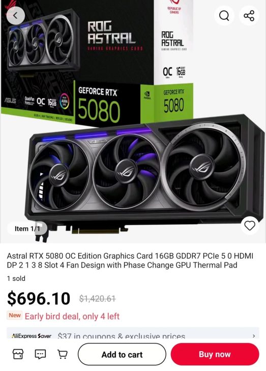ASUS ROG Astral GeForce RTX 5080 OC Edition graphics card with 16GB GDDR7 memory is displayed with its box, featuring text 'GeForce RTX 5080'.
