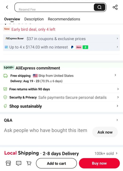 A screenshot of an AliExpress webpage showing details of a product deal with 'Early bird deal, only 4 left,' free shipping, and delivery between August 19-23.