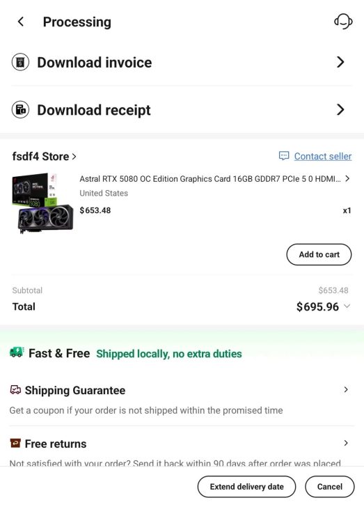 An online order page shows the Astral RTX 5080 OC Edition Graphics Card with 16GB GDDR7 for $653.48 from the fsdf4 Store, totaling $695.96.