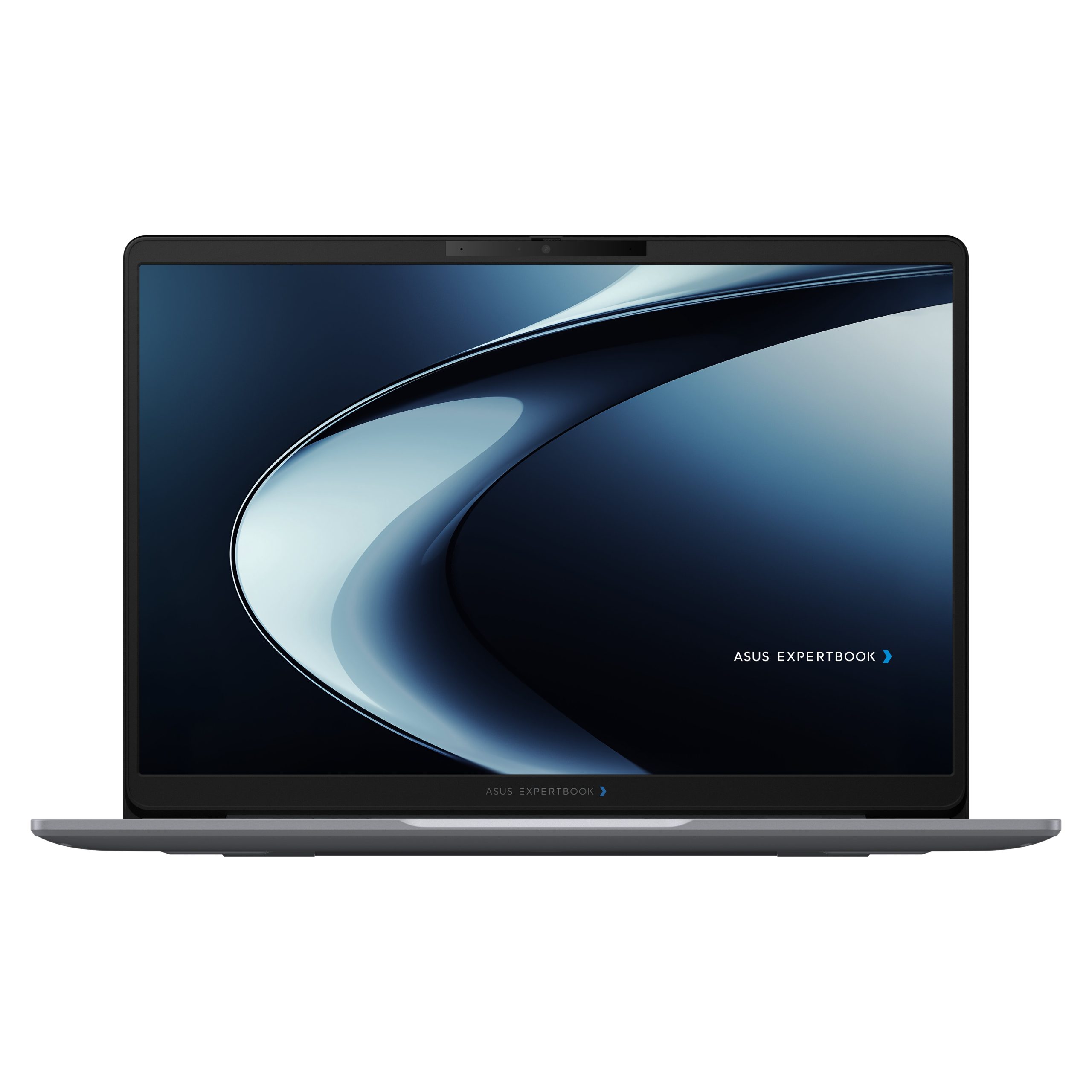 An ASUS ExpertBook laptop displaying a dark-themed abstract wallpaper with 'ASUS ExpertBook' text on the screen.