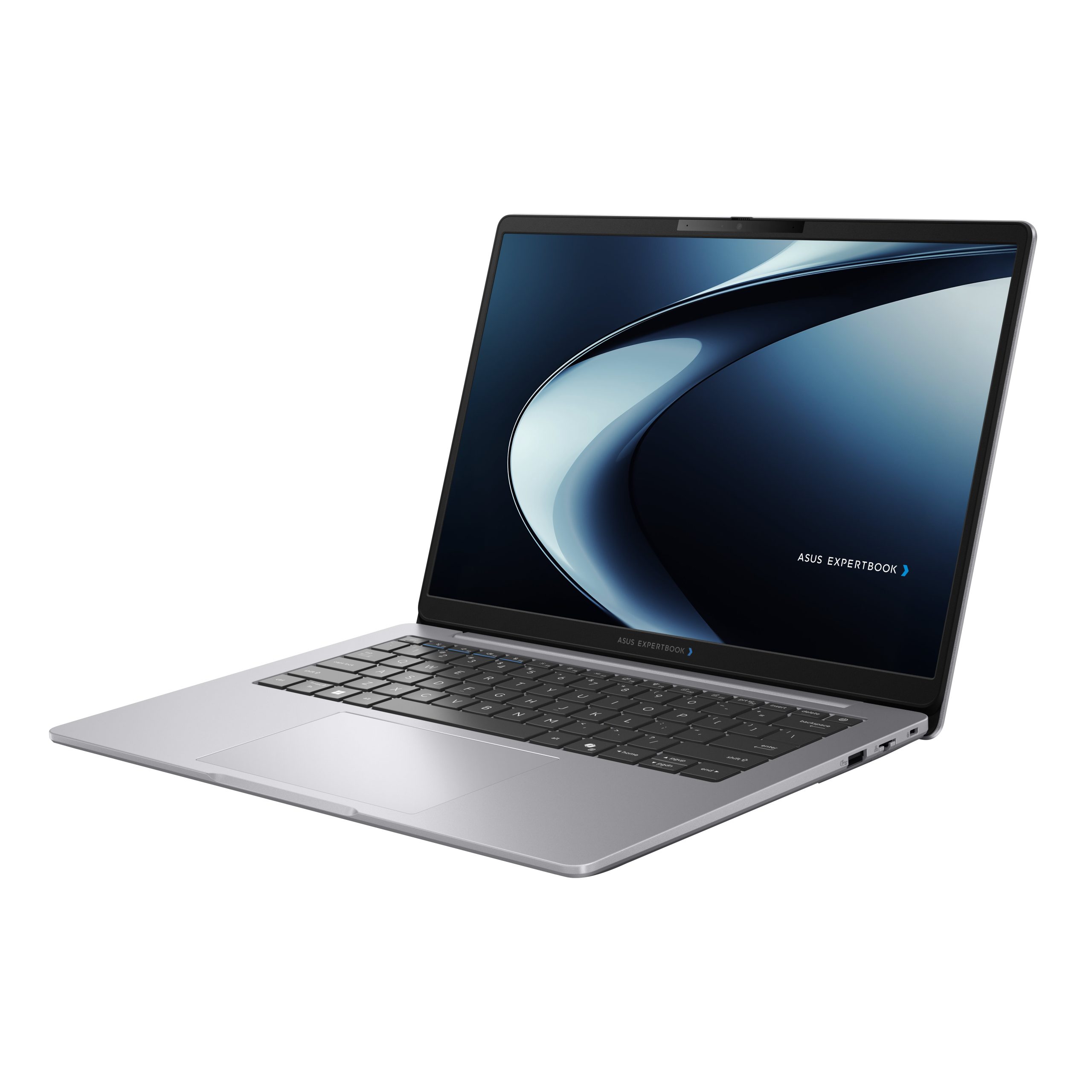 An ASUS ExpertBook laptop with a sleek design and a screen displaying the brand logo.