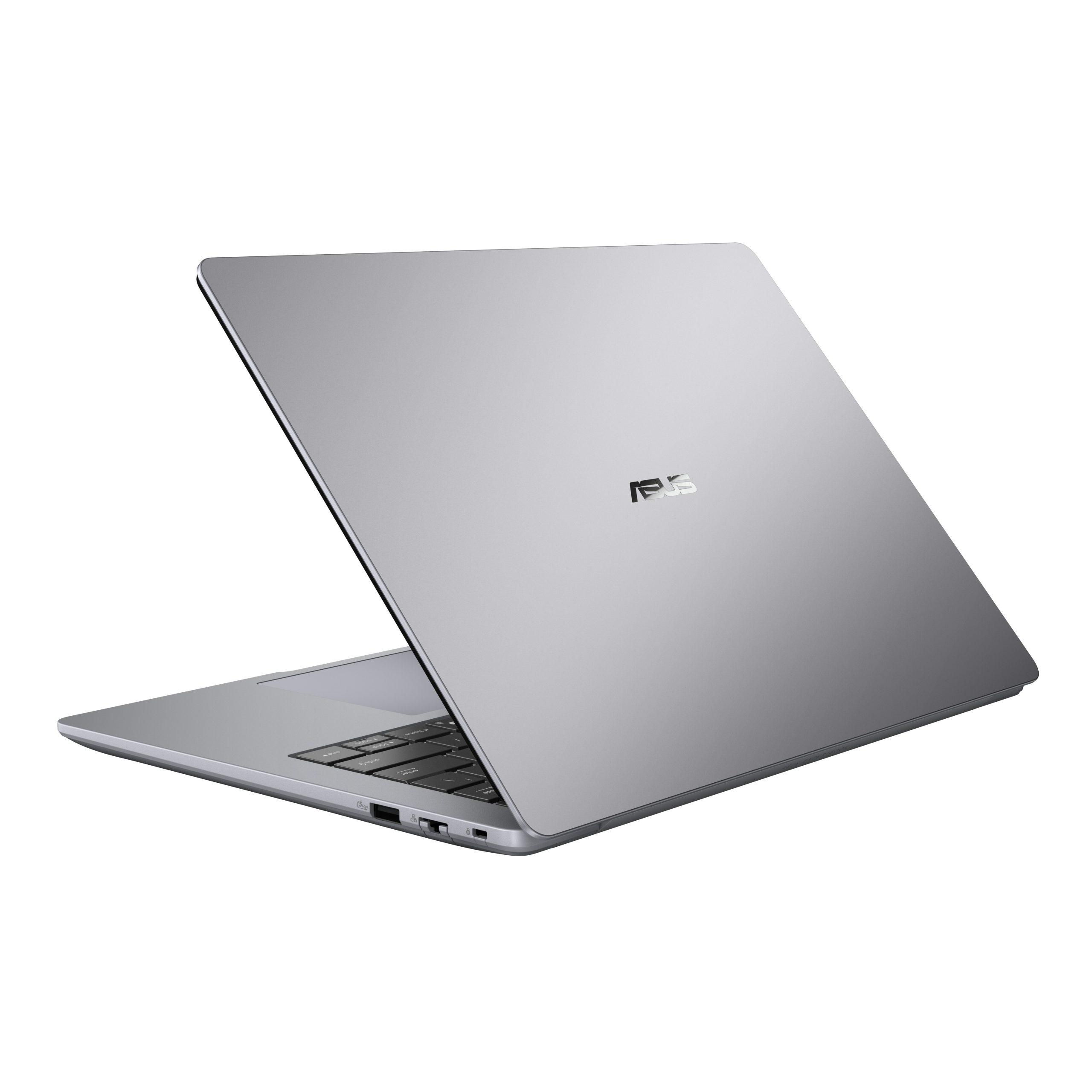 An ASUS laptop in silver color is partially open, showing the ASUS logo on the back of the screen.