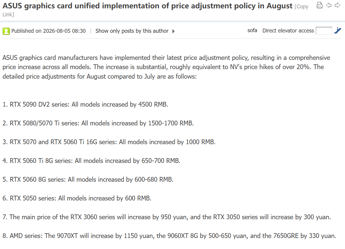 A list details ASUS graphics card price increases in August, including the RTX 5090 DV2 series up by 4500 RMB and the AMD 9070XT up by 1150 yuan.