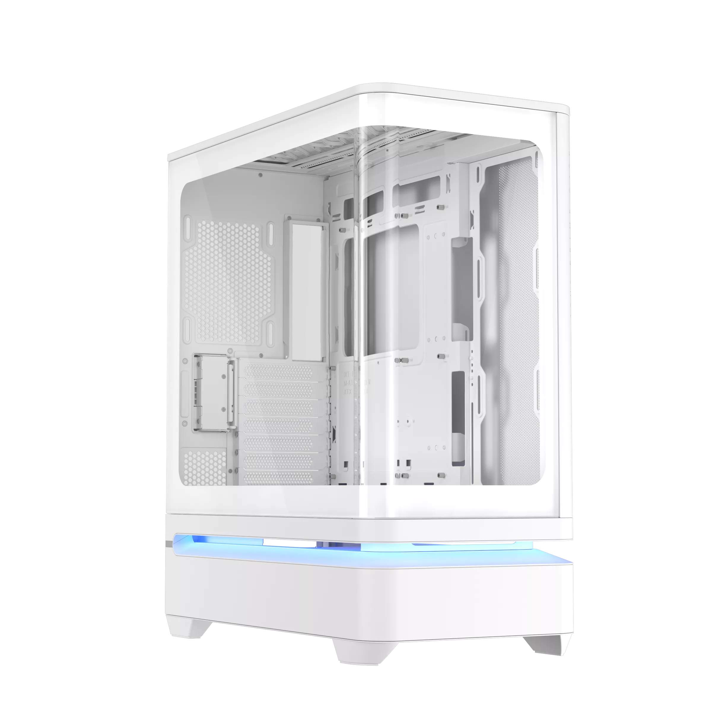 A white, open-frame PC case with blue LED lighting at the base, showcasing a modular design with a curved glass panel and multiple expansion slots.