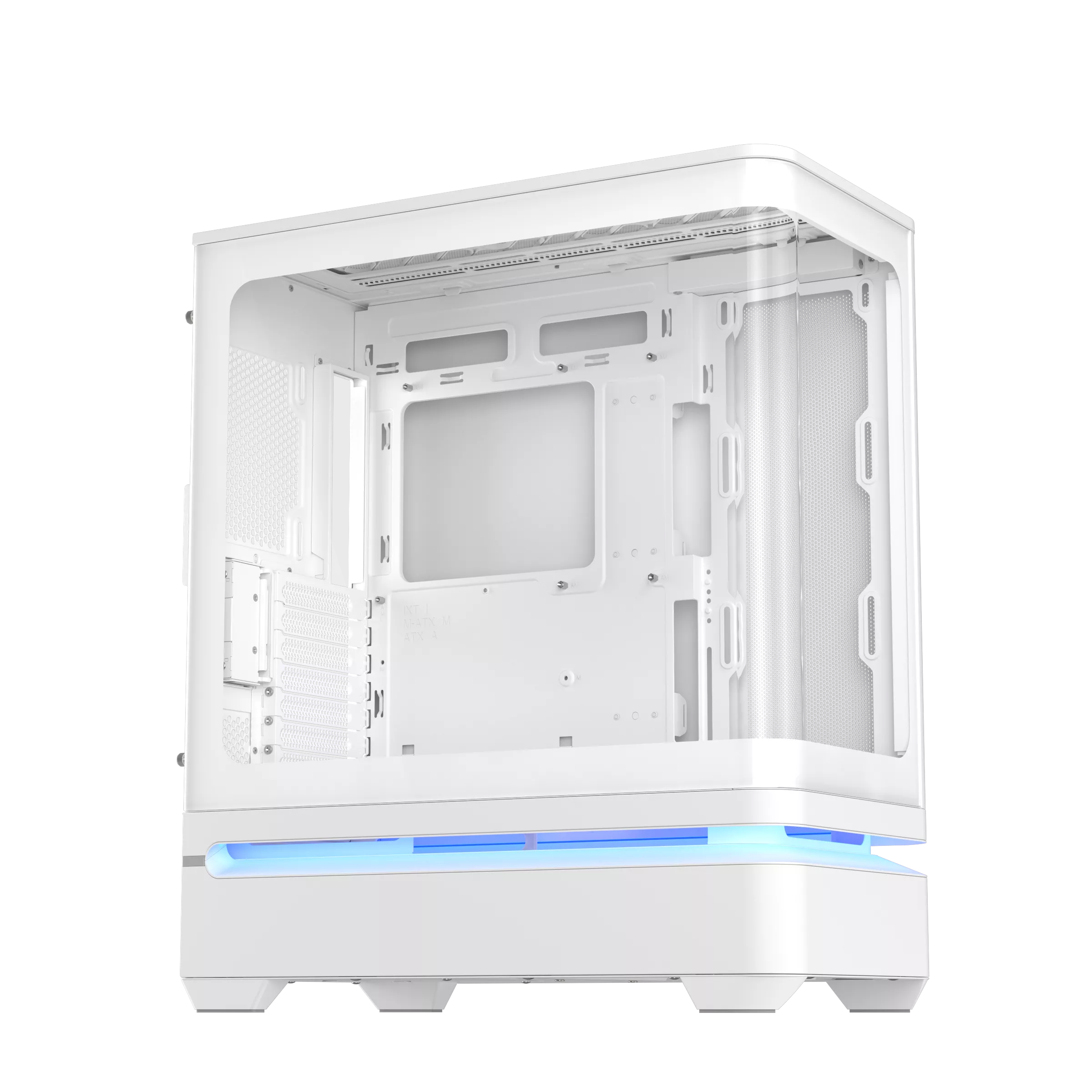 A white, unbranded mid-tower PC case with a transparent side panel and a blue LED strip at the base against a black background.