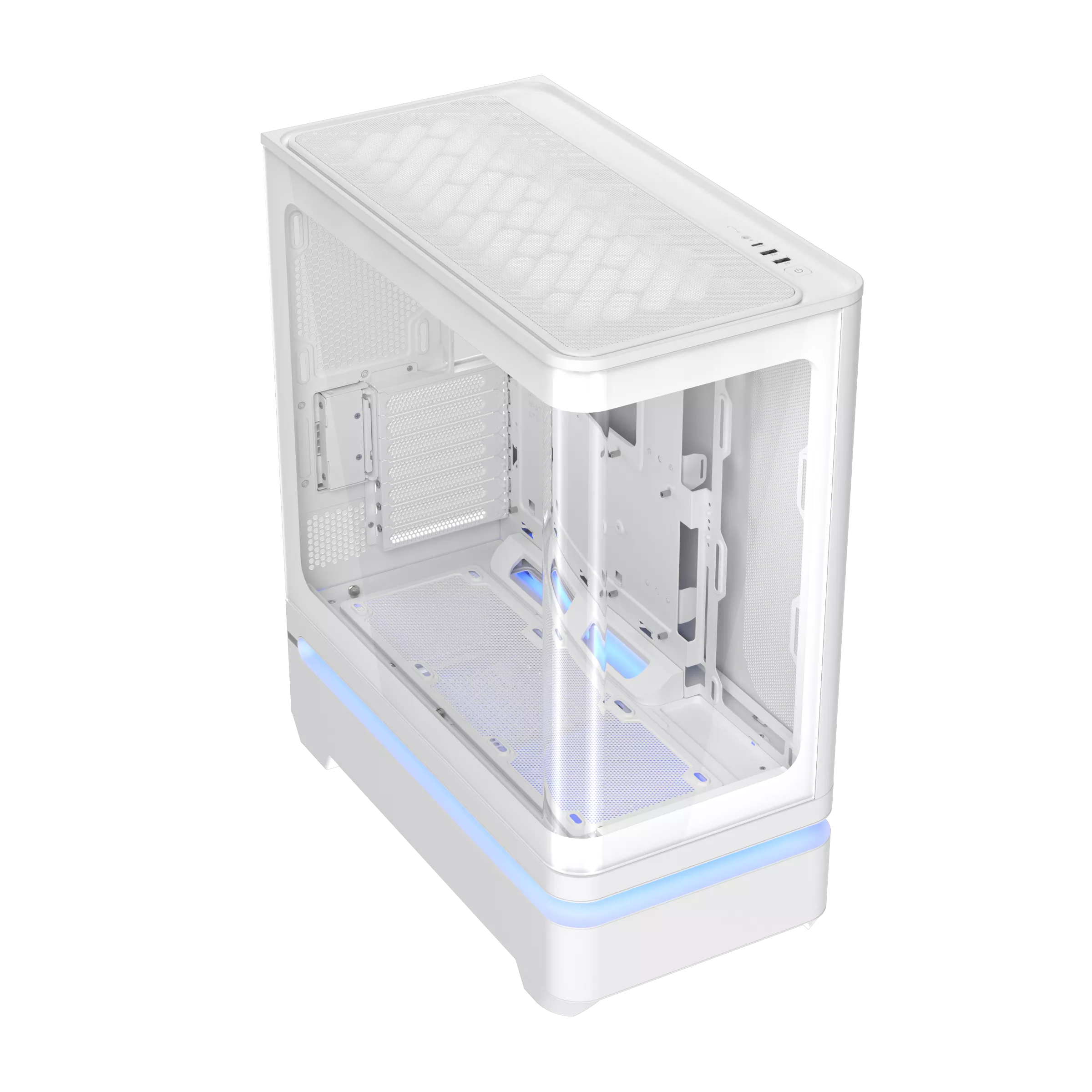 A white gaming PC case with transparent side panels and blue LED accents, featuring multiple expansion slots and mesh design for cooling.
