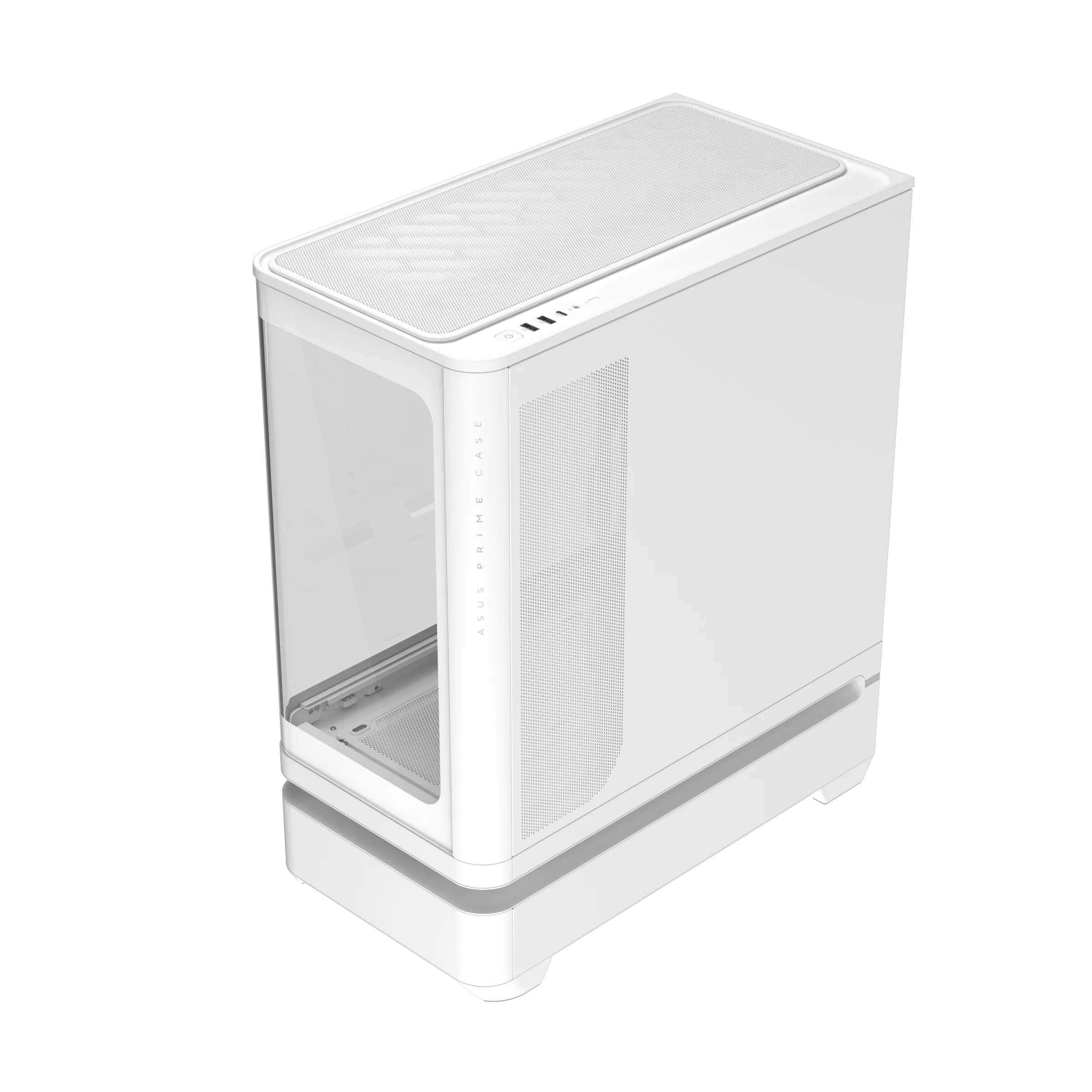 A white ASUS Prime case featuring a mesh front panel and a side panel window is shown against a black background.