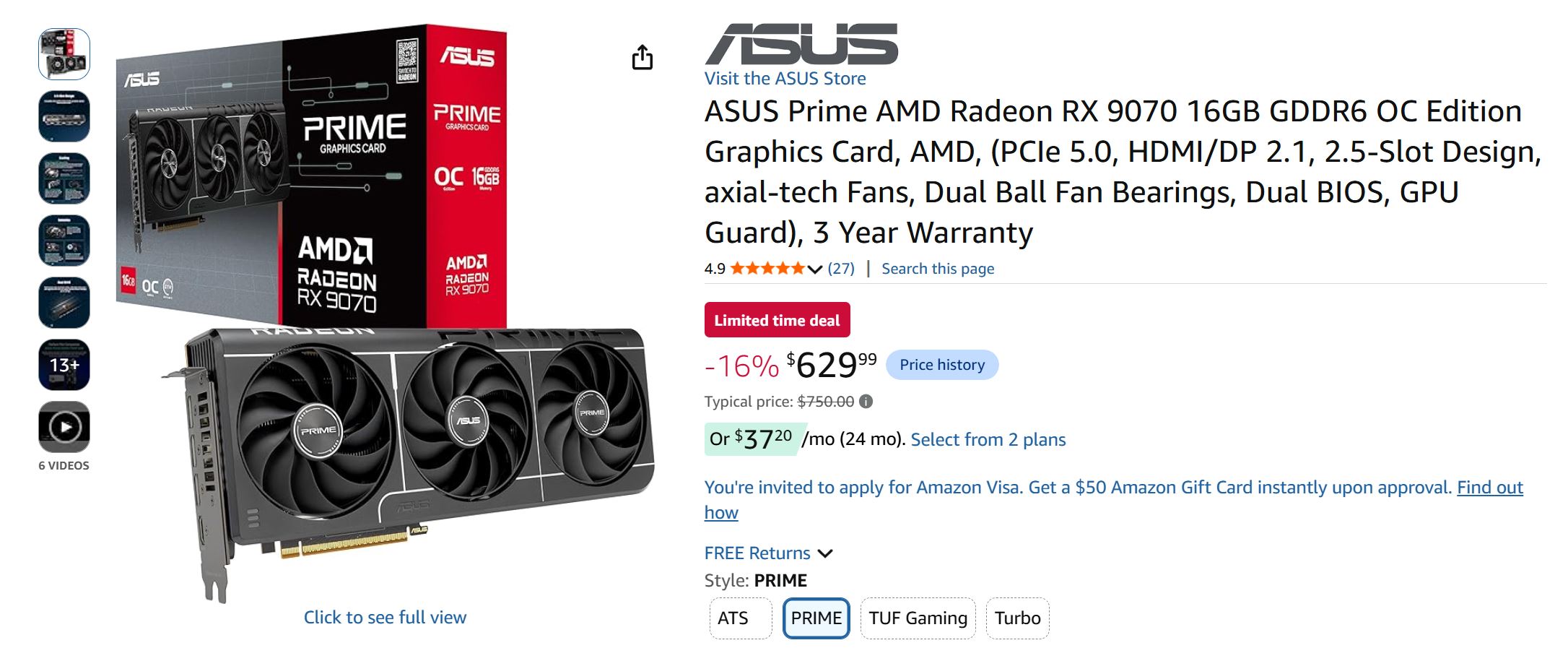 The image shows an ASUS Prime AMD Radeon RX 9070 16GB GDDR6 OC Edition graphics card with packaging, priced at $629.99, marked as a 'Limited time deal' with a 16% discount from a typical price of $750.00.