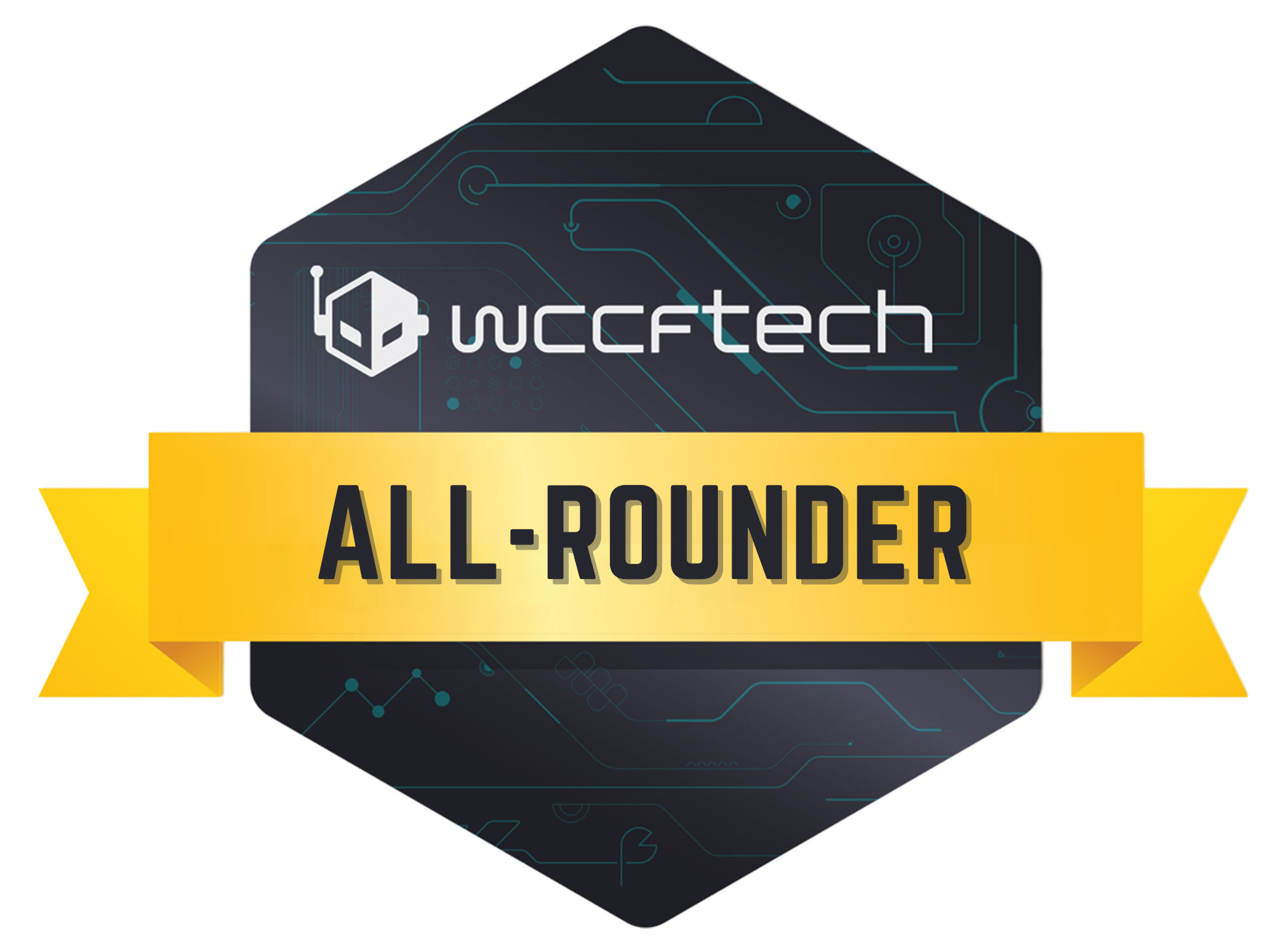 A Wccftech badge with a yellow ribbon displaying 'ALL-ROUNDER' against a dark background with circuitry patterns.