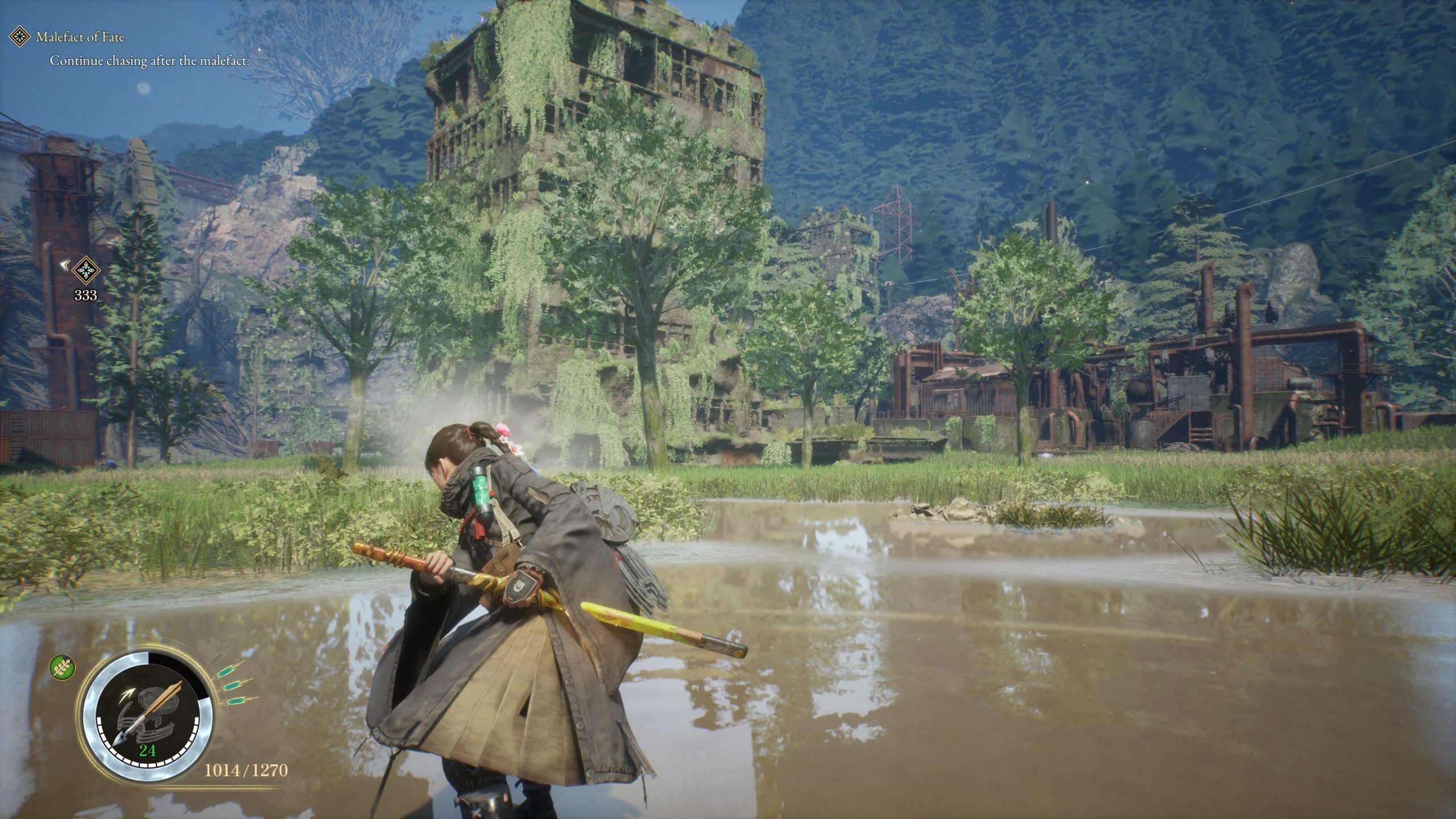 A character in 'Where Winds Meet' crouches with a glowing weapon in a lush, overgrown ruin setting, with the on-screen prompt 'Continue chasing after the malefact.'