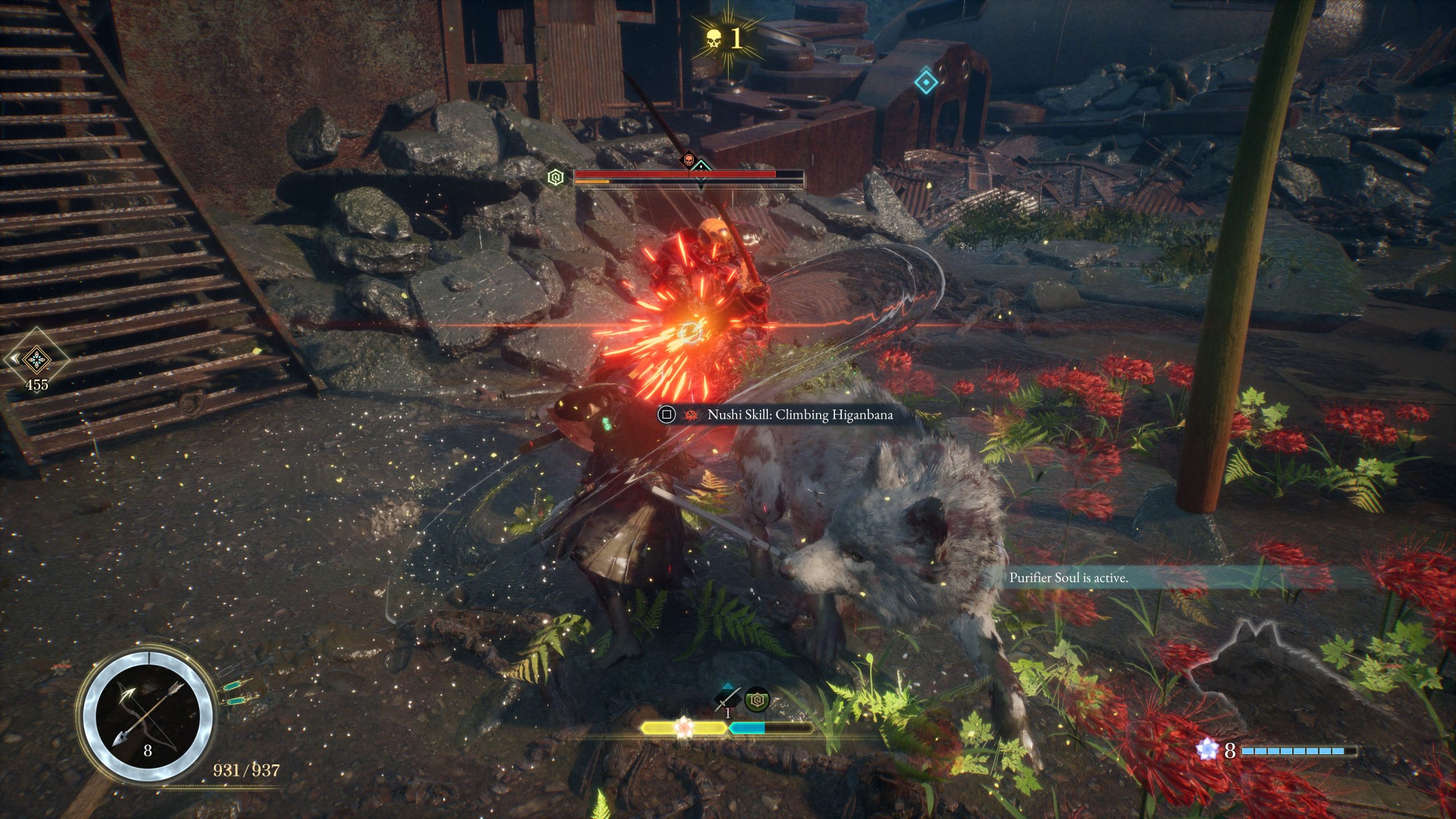 A player in the game Wo Long: Fallen Dynasty uses the 'Nushi Skill: Climbing Higanbana' on an enemy in a battle scene, with a wolf ally nearby.