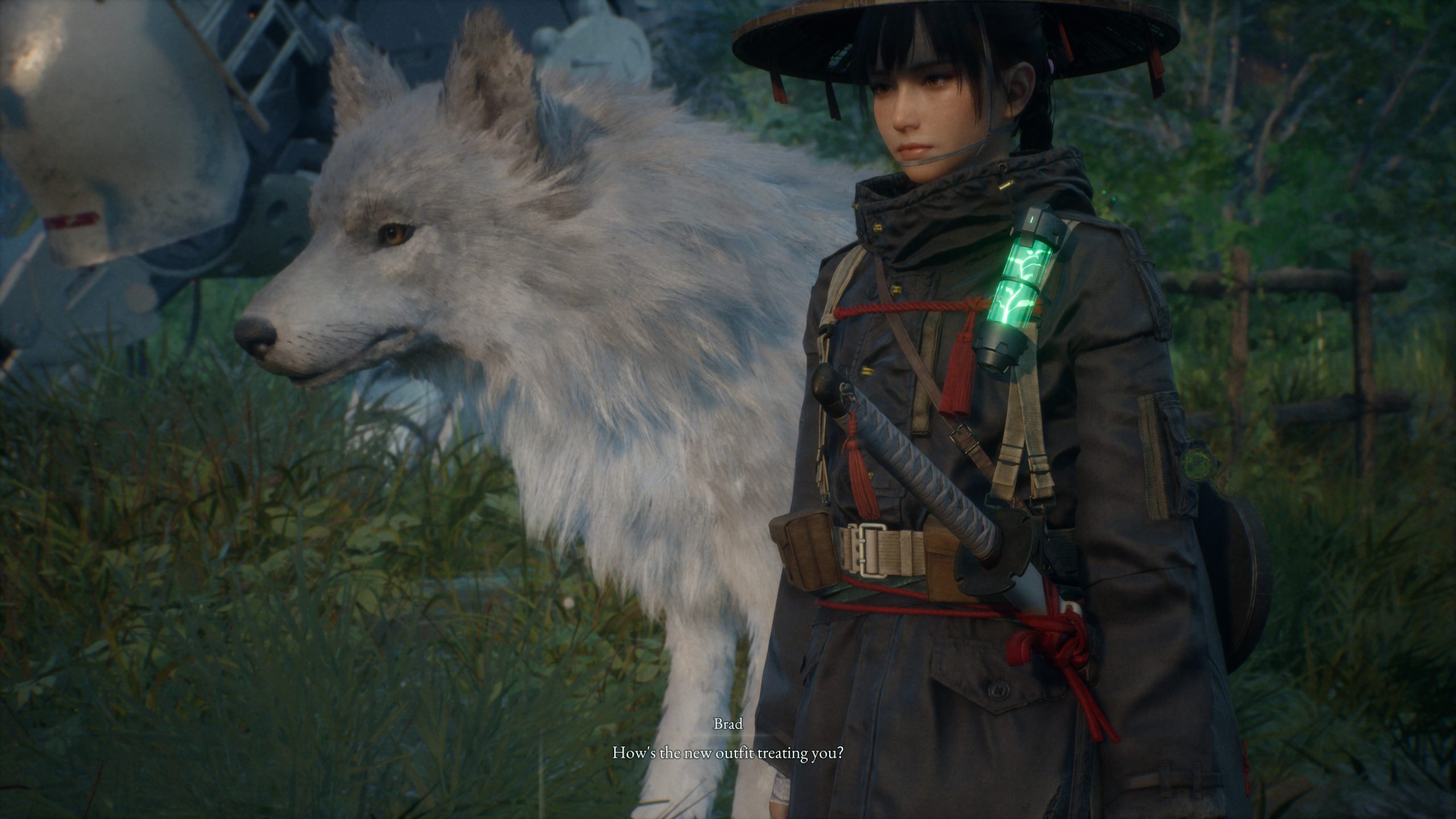 A character in the game Where Winds Meet stands next to a large white wolf, wearing a dark outfit with a green glowing vial and a sheathed sword, with the text 'Brad: How's the new outfit treating you?'.