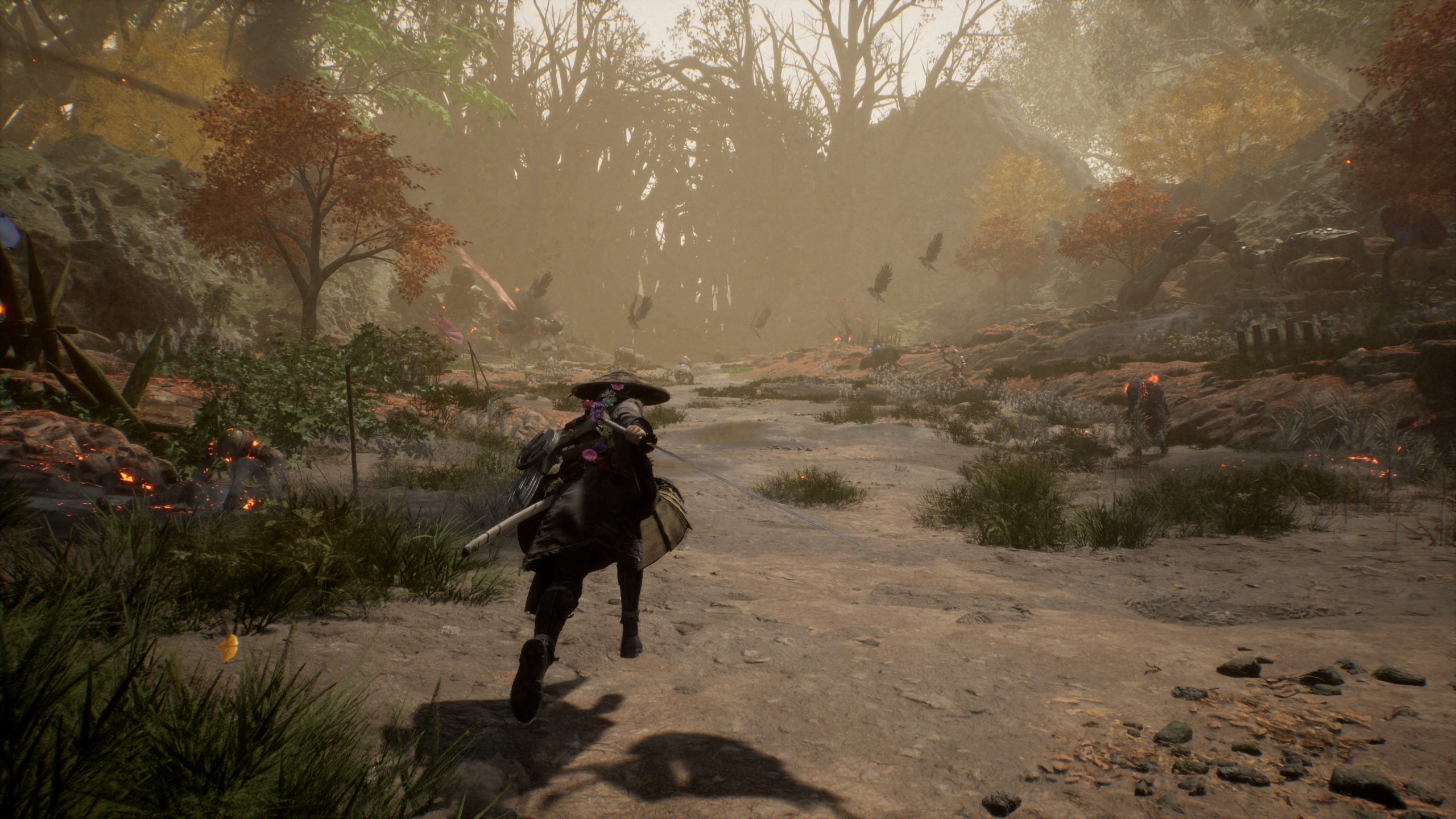 A character in a medieval setting rides a horse through a wooded area, with birds flying overhead and distant figures visible.