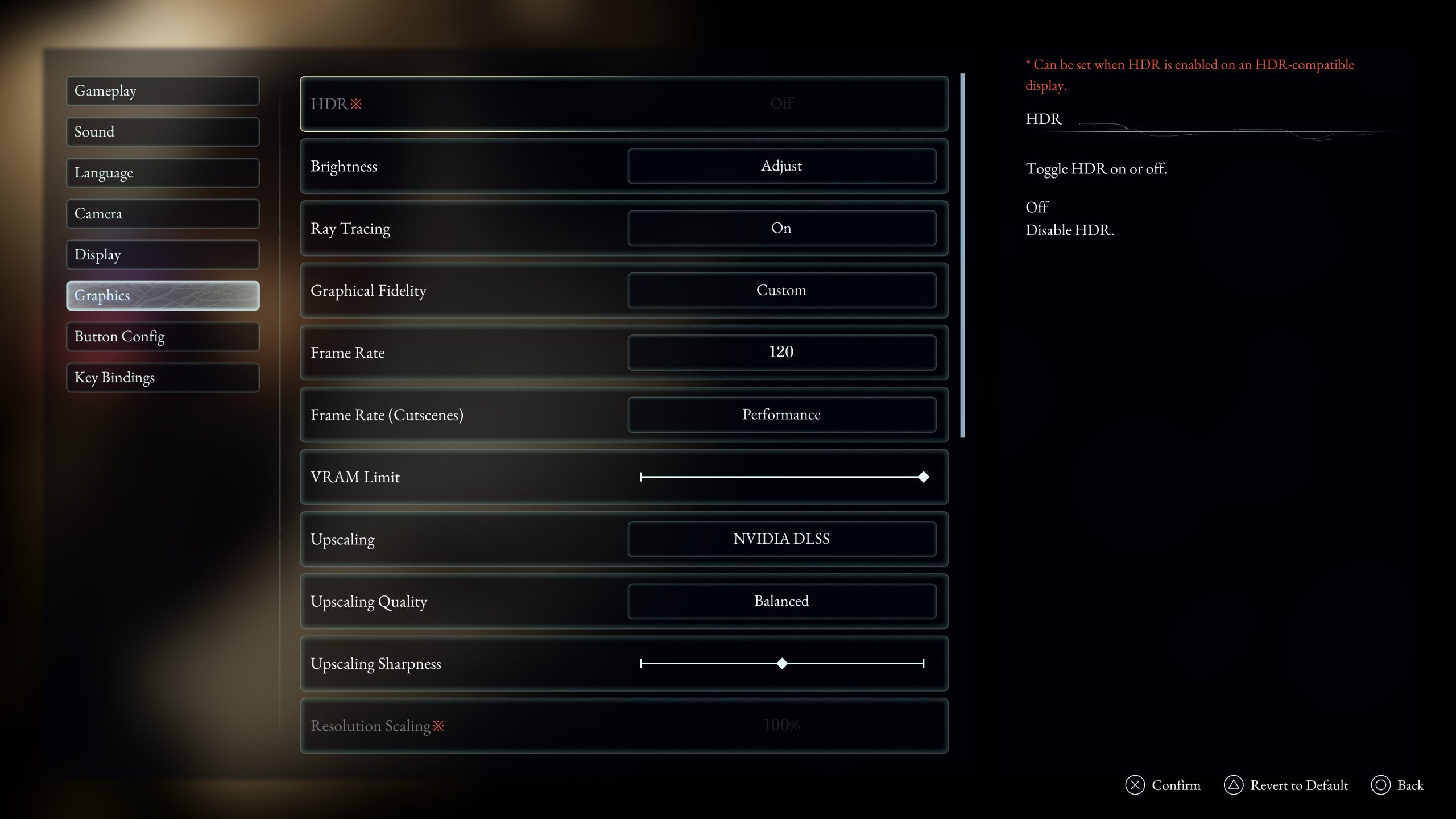 The graphics settings menu shows 'NVIDIA DLSS' under upscaling, with '120' frame rate and ray tracing set to 'On.'