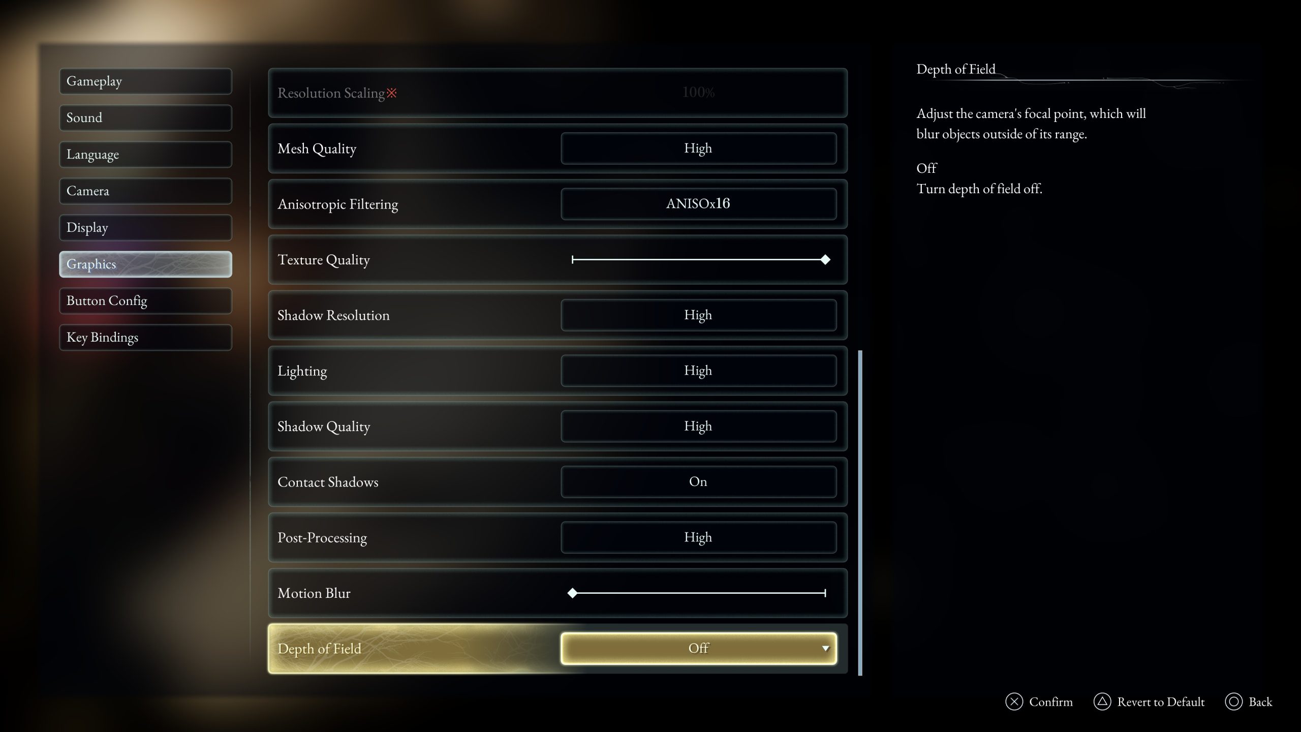 A game graphics settings menu shows various options like 'Texture Quality' and 'Depth of Field' set to high and off, respectively.