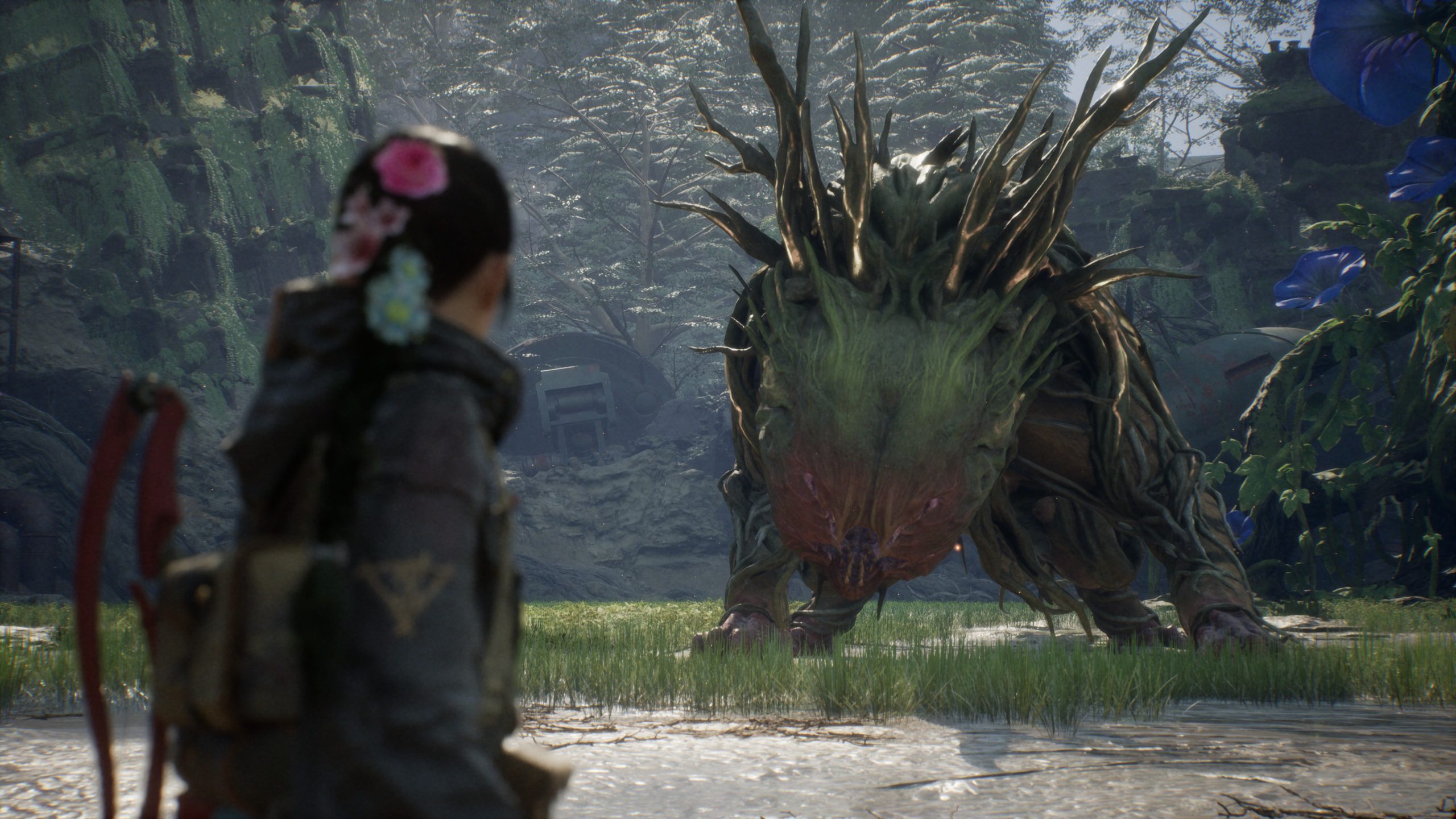 A character in a forested setting faces a large, plant-like creature in what appears to be a game scene.