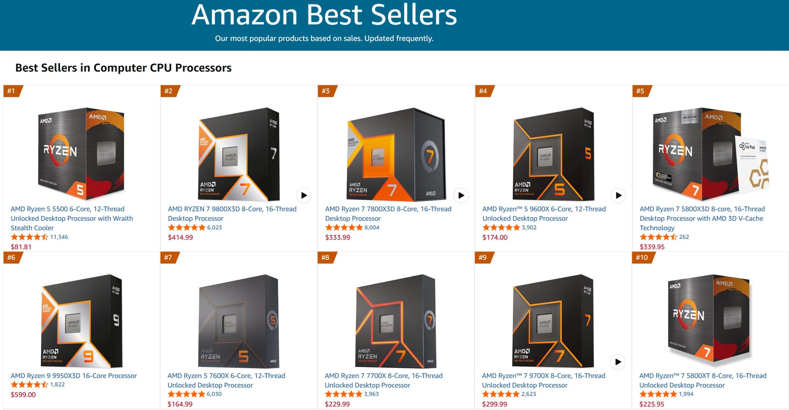 An Amazon Best Sellers page displaying top computer CPU processors, featuring AMD Ryzen 5 5500, Ryzen 7 9800X3D, and Ryzen 9 9950X3D models, with varying prices and star ratings.