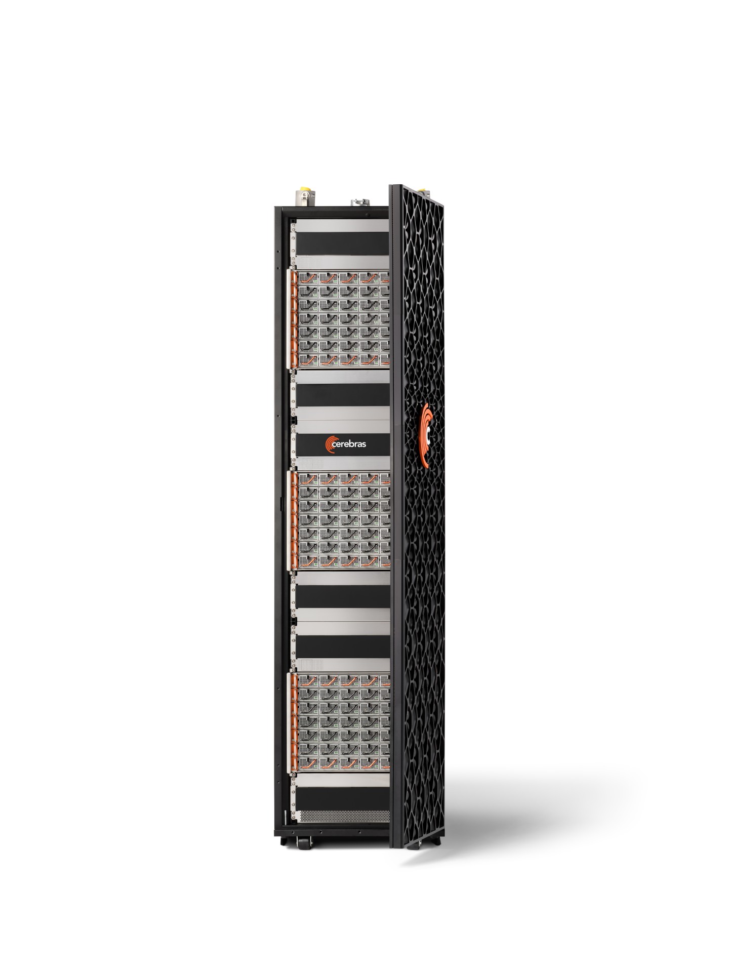 A Cerebras CS-2 server tower with an open lattice pattern on the front panel exposing the internal hardware components.