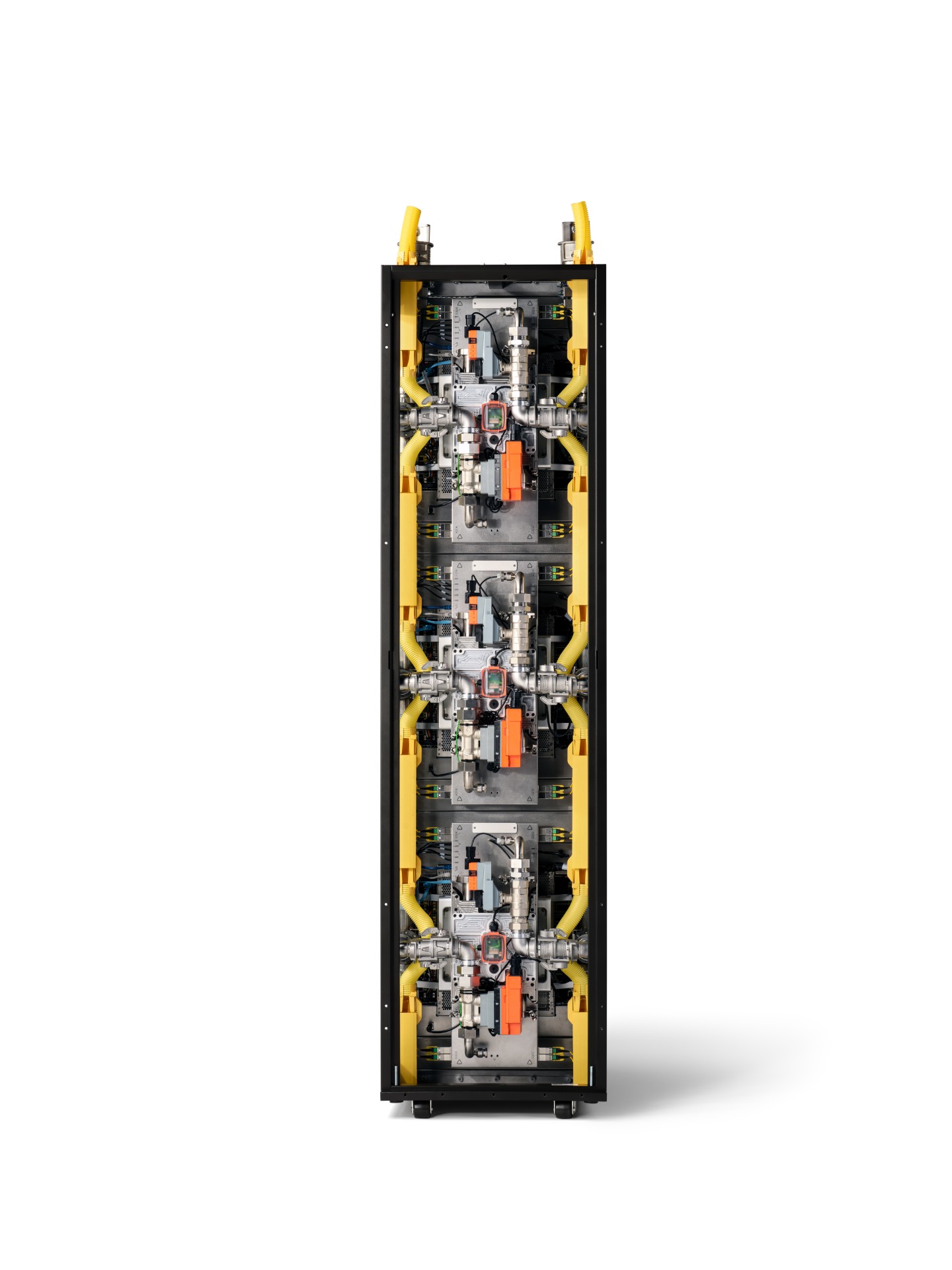 A vertically aligned server rack with multiple compartments showing complex tubing and machinery with visible yellow and orange components.