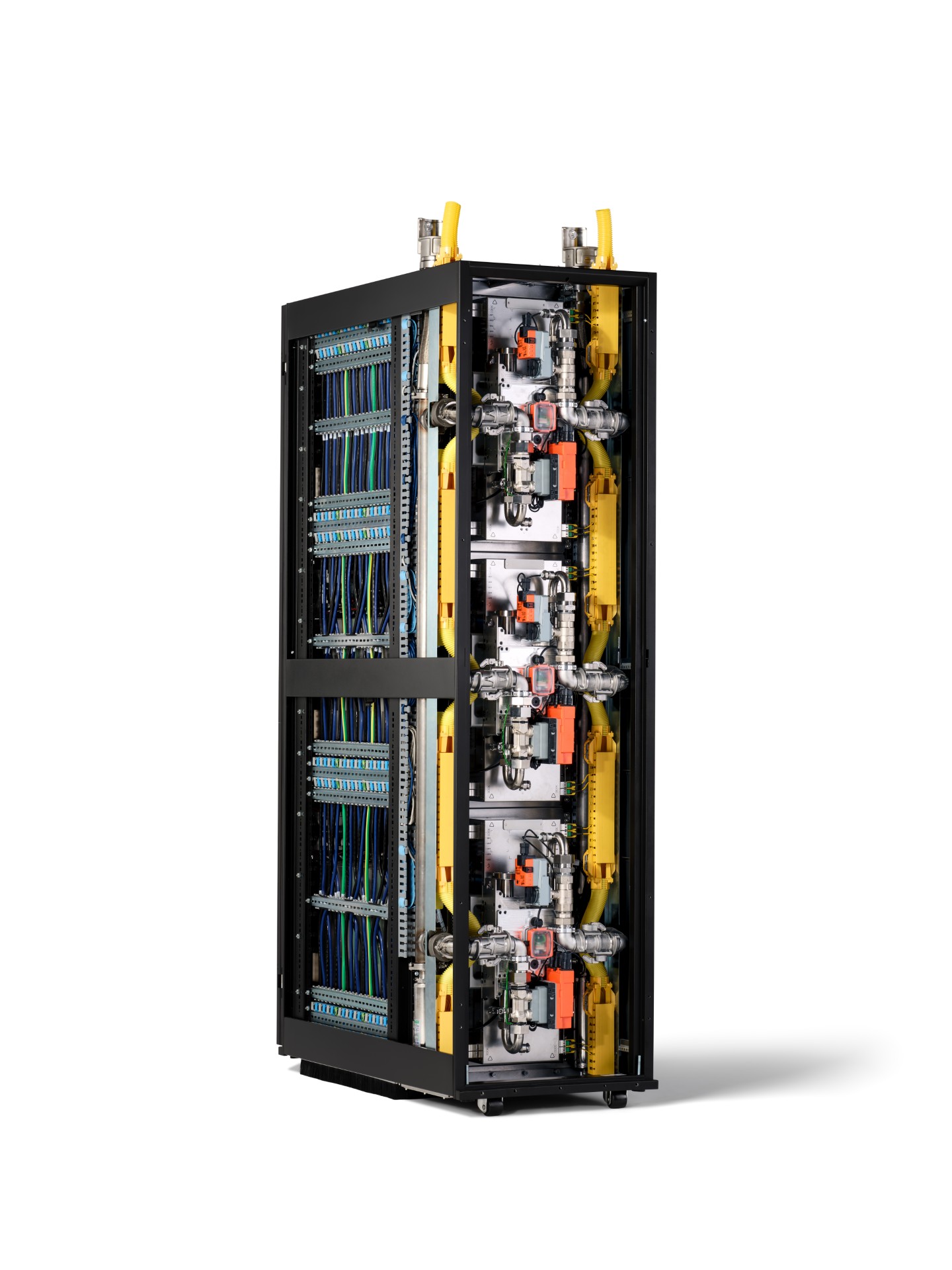 A side view of a RIKEN Fugaku supercomputer rack with visible networking cables and cooling components.
