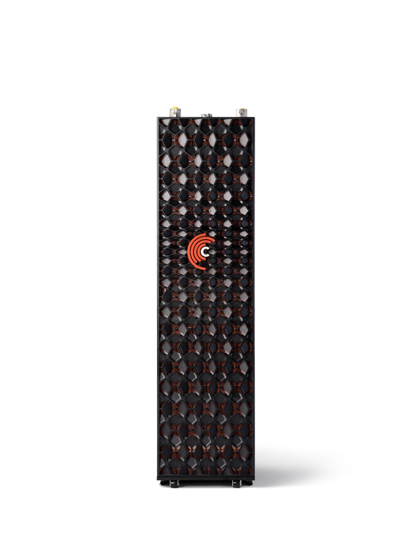 A vertical data storage tower with a patterned front grill and a logo featuring an orange spiral design.