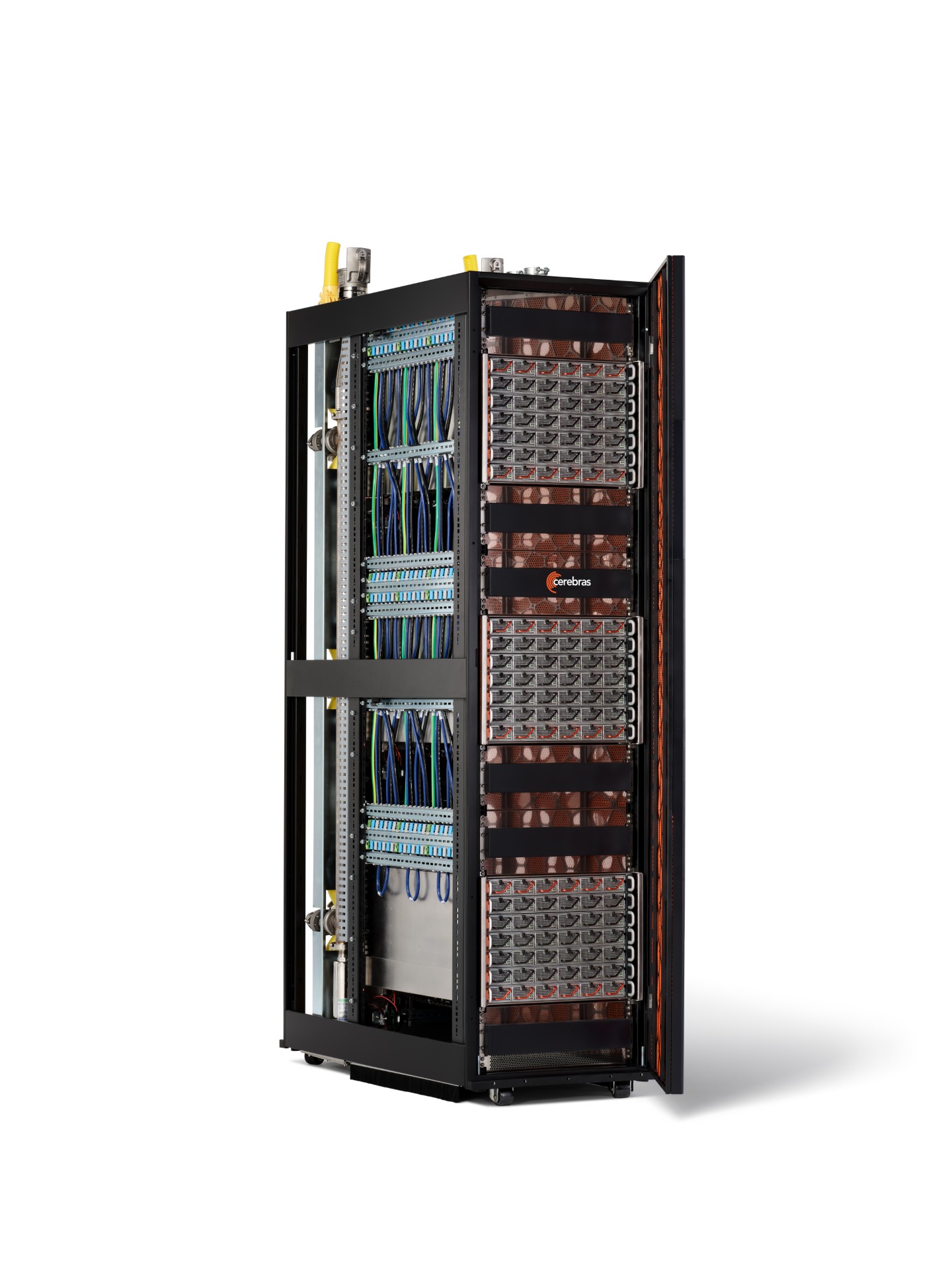 A Cerebras Systems server rack with visible wiring and cooling systems is shown, prominently featuring a Cerebras logo on the front panel.
