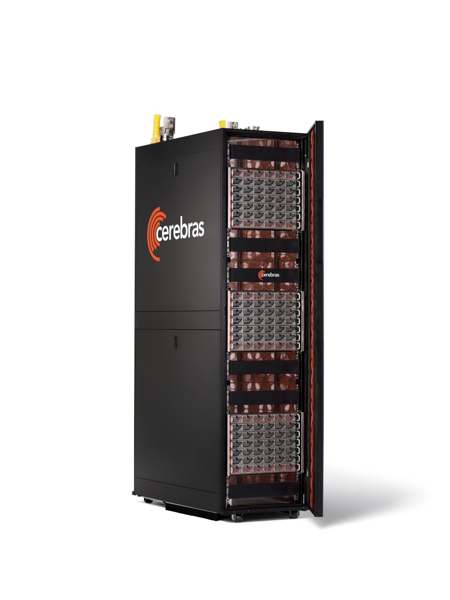 A Cerebras server rack with multiple processors is displayed, showcasing the Cerebras Systems logo on the exterior panel.
