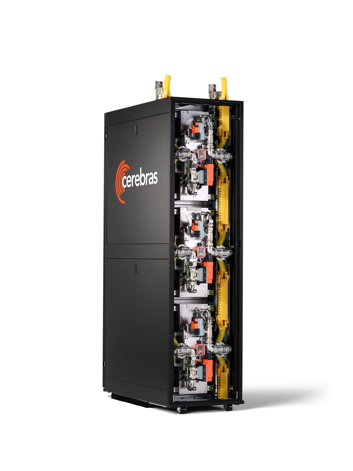 A Cerebras CS-2 system cabinet with visible internal components and the Cerebras logo on the front panel.