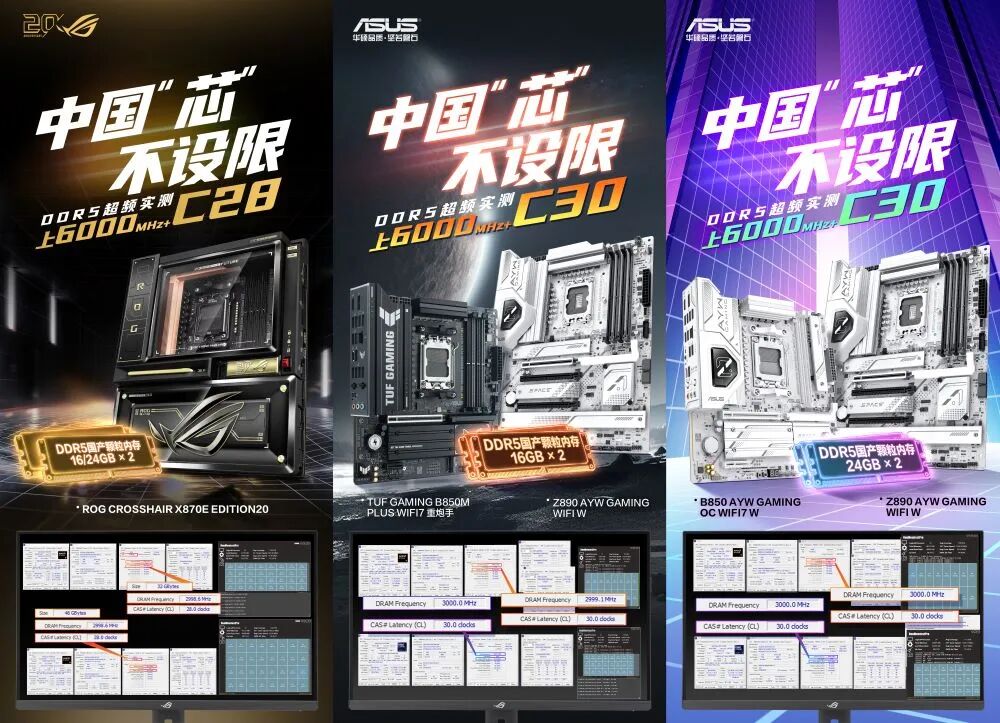Three ASUS motherboards, ROG CROSSHAIR X870E EDITION20, TUF GAMING B850M PLUS WIFI7, and B850/Z890 AYW GAMING, are showcased with DDR5 RAM capabilities of '6000 MHz C28/C30' and memory configurations of 16GB or 24GB x 2.