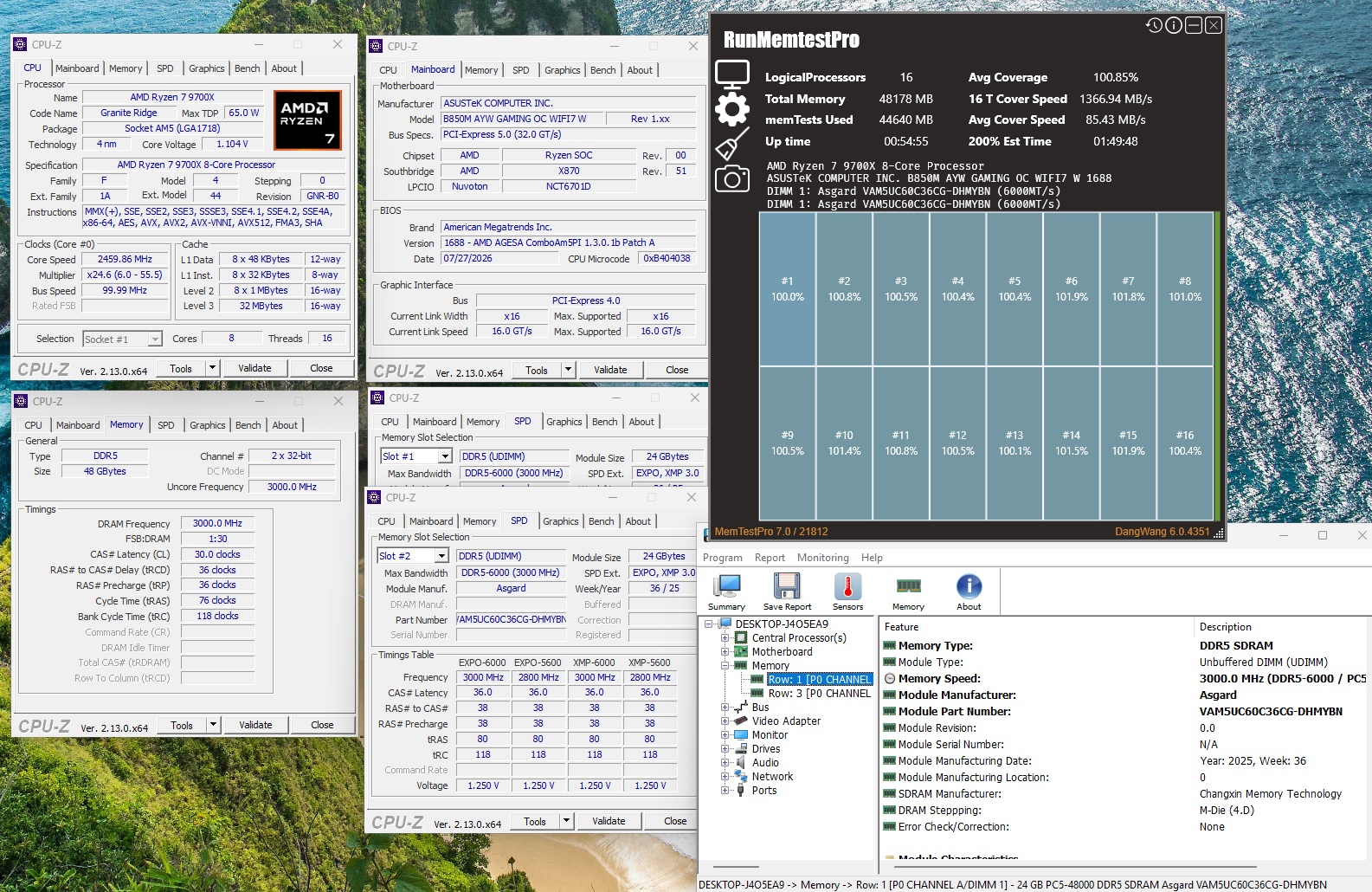 Multiple CPU-Z windows display details of an AMD Ryzen 7 9700X, with RAM information showing DDR5 running at 3000.0 MHz, and a MemTestPro window indicating successful memory testing at 100% coverage.