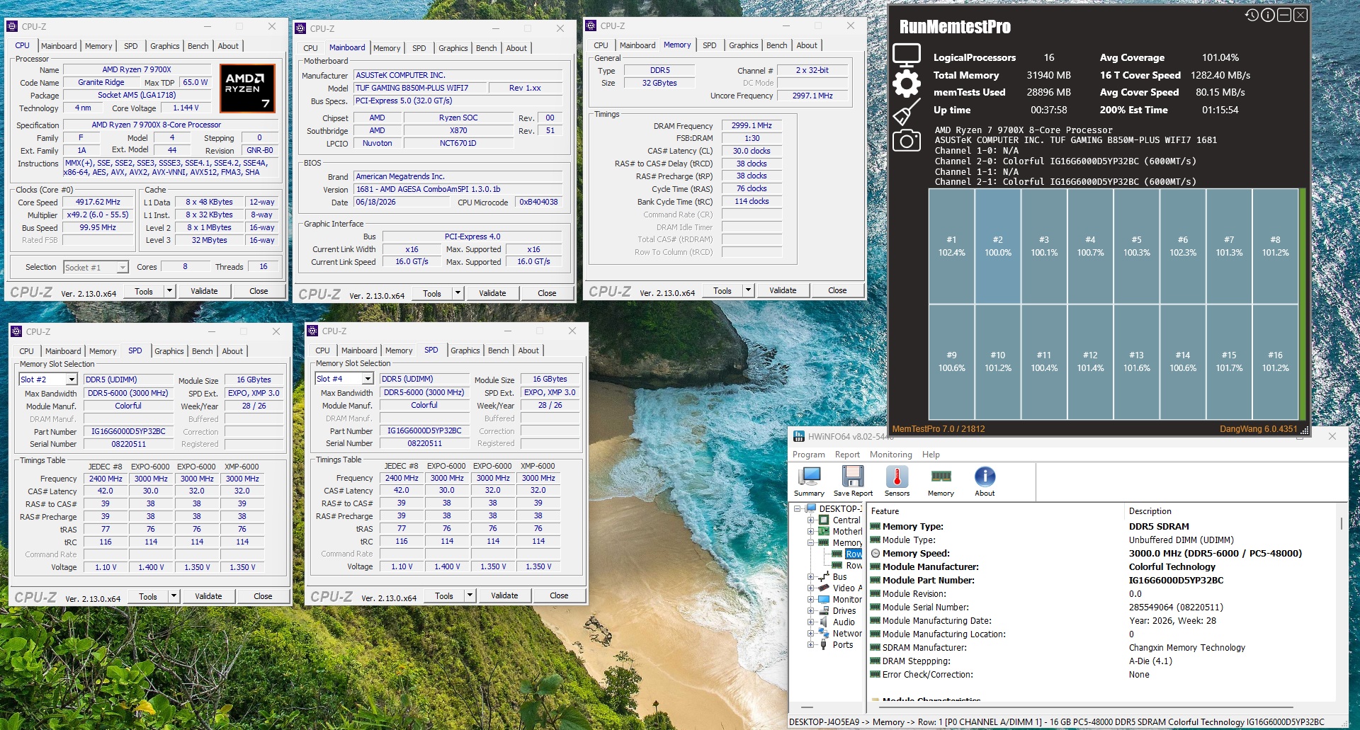Five CPU-Z windows display specifications for an AMD Ryzen 7 7900X 8-core processor and Colorful DDR5-6000 RAM, alongside a RunMemtestPro summary showing memory checks and HWiNFO64 displaying system diagnostics.