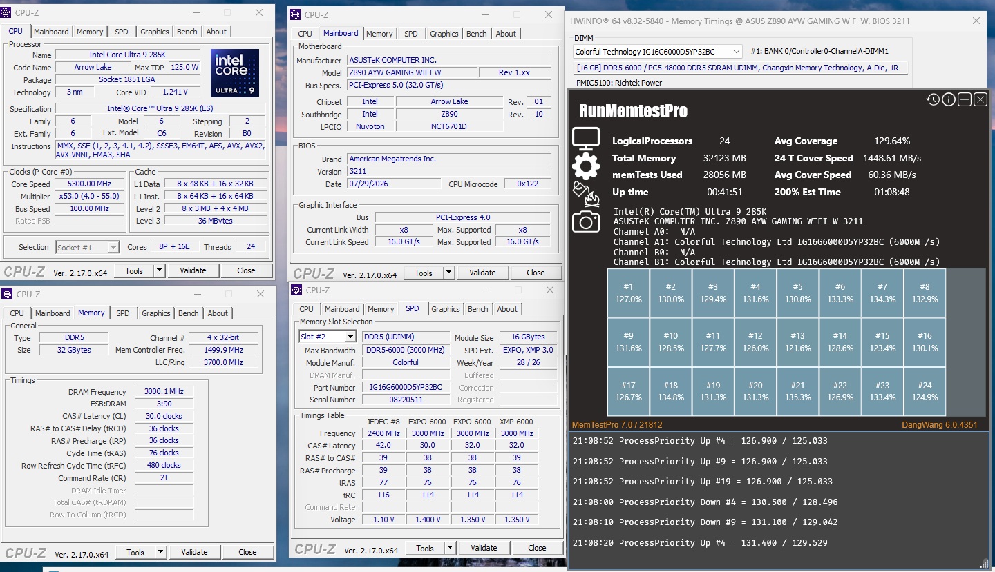 A monitoring setup showing CPU-Z and HWiNFO 64 with an 'Intel Core Ultra 9 285K' processor on an 'ASUS Z890 AYW GAMING WIFI W' motherboard, featuring DDR5 memory, and running 'RunMemtestPro' with 24 logical processors at 32 GB total memory.