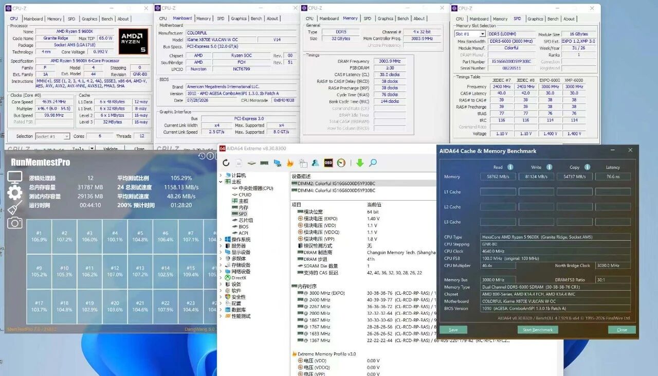 The image displays multiple software windows showing system information and benchmarks, featuring an AMD Ryzen 5 9600X CPU and a Colorful iGame X670E VULCAN Wi OC motherboard, with details like DDR5-6000 RAM, and AIDA64's cache and memory benchmark results.