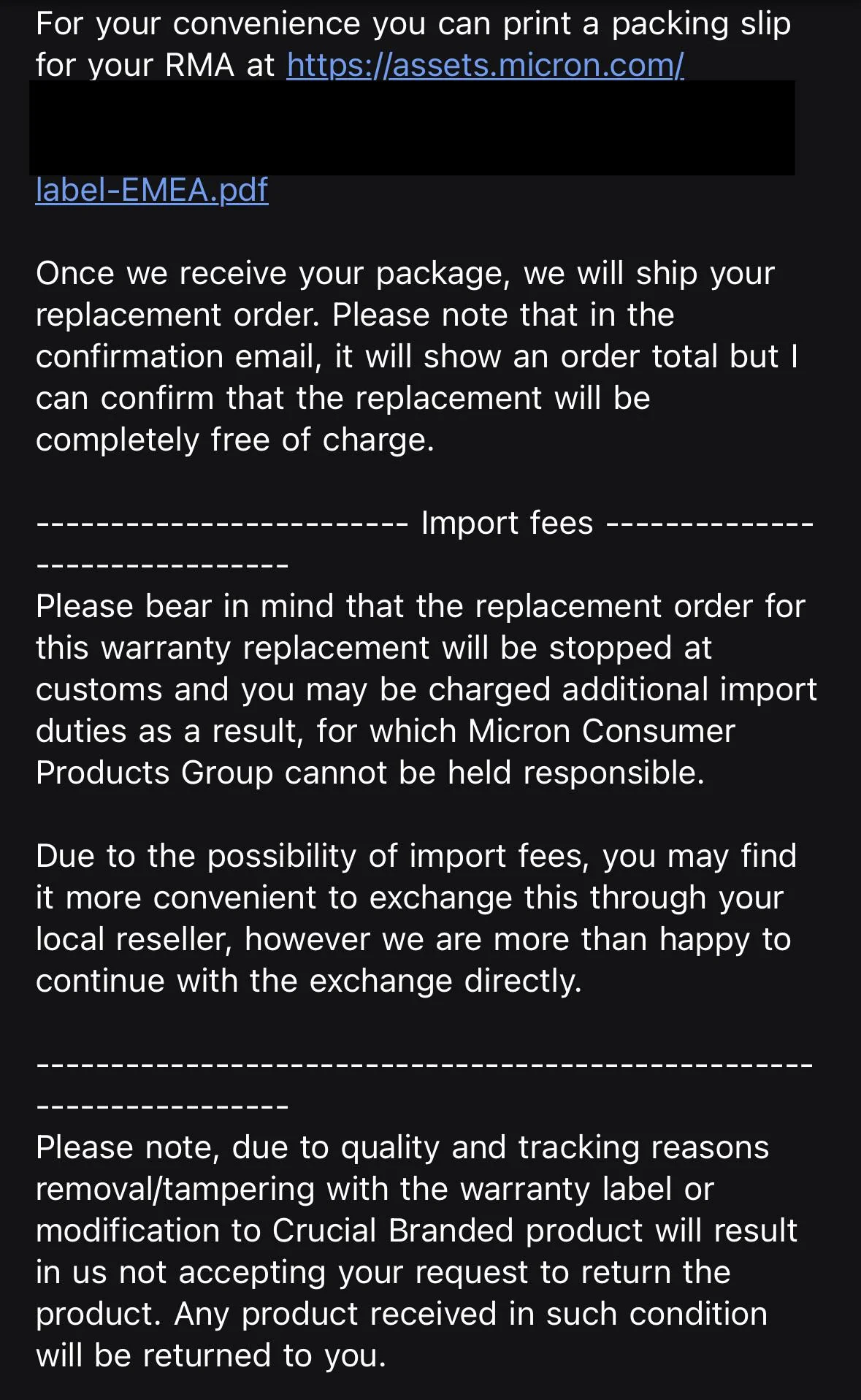 A screenshot of an email from Micron detailing instructions for printing an RMA packing slip, informing that replacement items are free of charge, and cautioning about potential import fees and tampering with warranty labels.