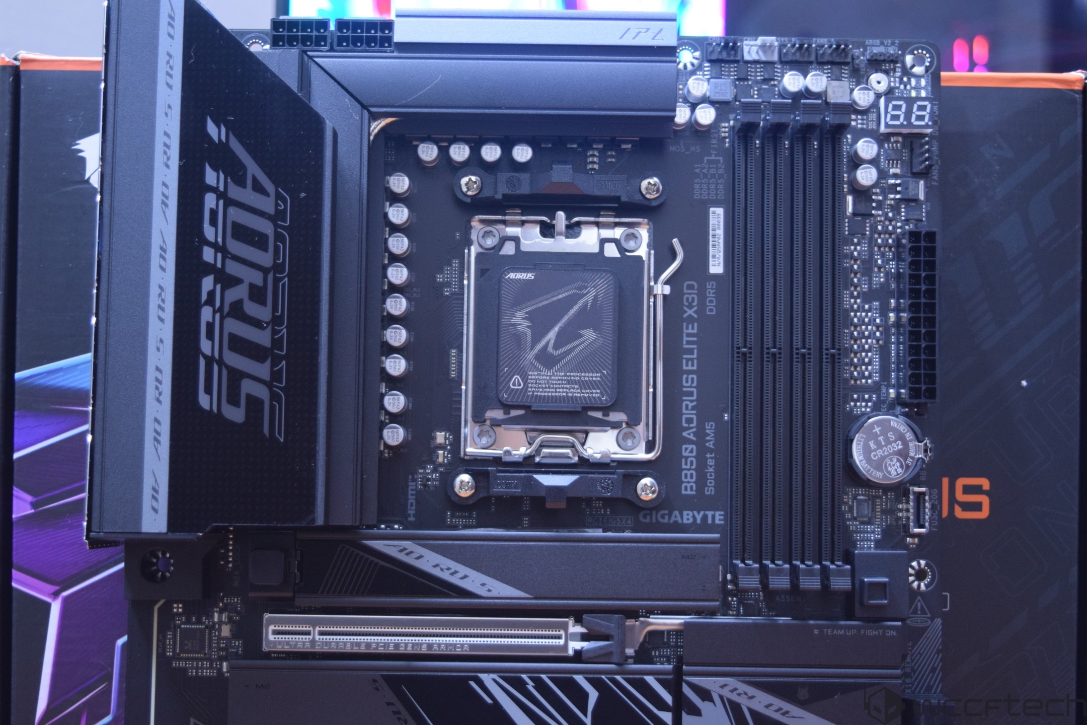 Gigabyte B650 Aorus Elite X3D motherboard featuring an AM5 socket with visible DDR5 support and multiple PCIe slots.