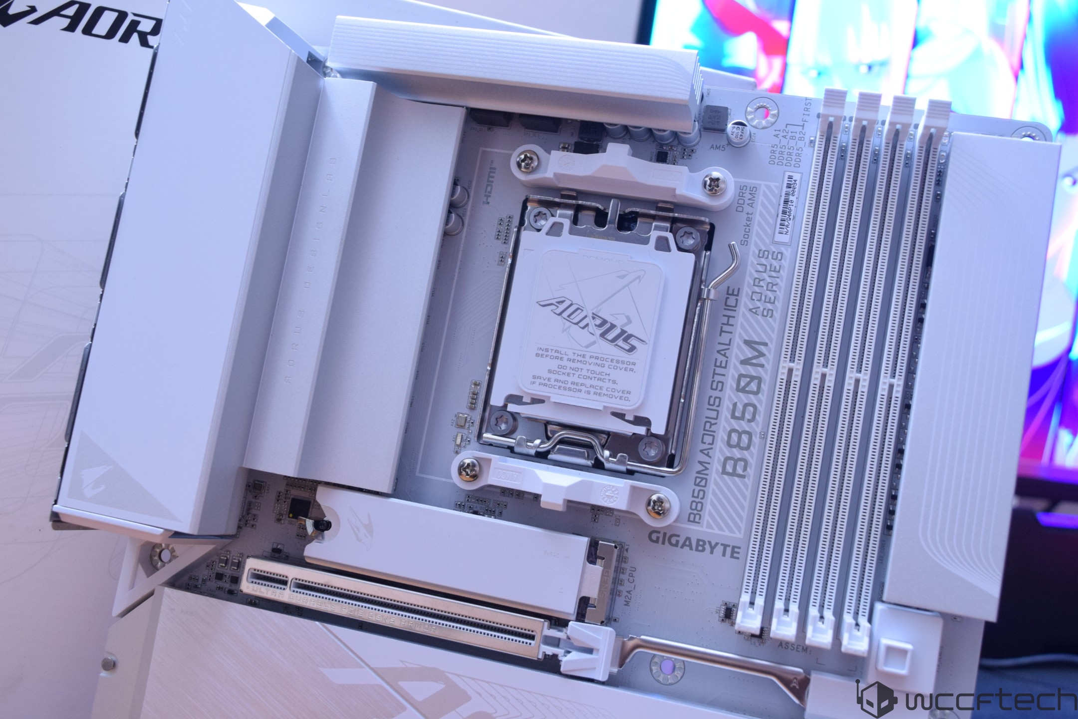 Gigabyte B850M AORUS Stealth motherboard showing its CPU socket and RAM slots.