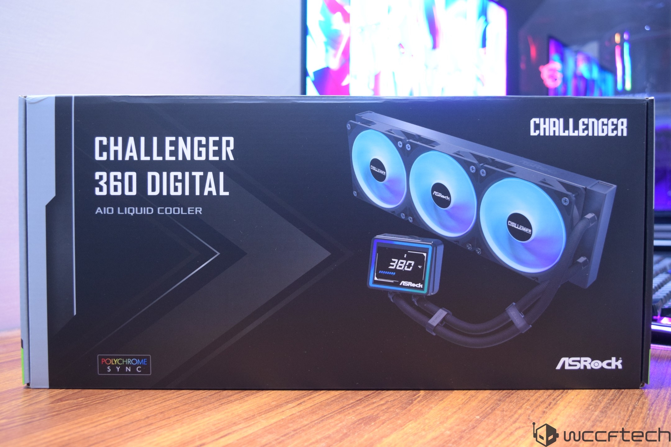 A box displays the ASRock Challenger 360 Digital AIO Liquid Cooler featuring a digital display showing '380' degrees.