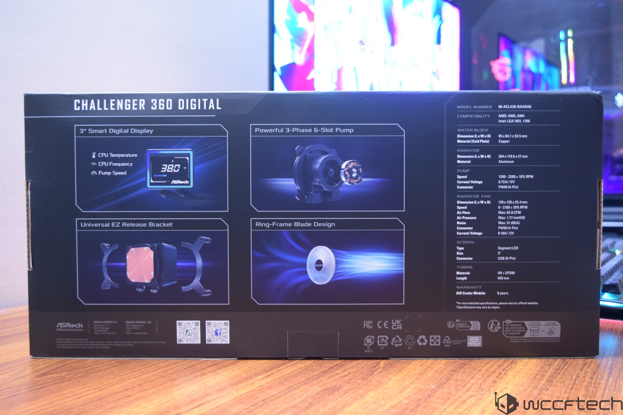The ASRock Challenger 360 Digital packaging highlights a 3 smart digital display for CPU monitoring, a powerful 3-phase 6-slot pump, a universal EZ release bracket, and a ring-frame blade design, alongside detailed specifications on the right panel.
