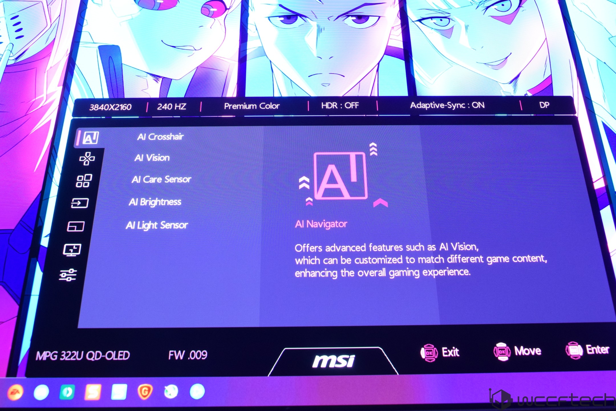 The MSI MPG 322U QD-OLED monitor displays an AI Navigator menu with options like 'AI Crosshair' and 'AI Vision,' set at '3840X2160' resolution and '240 Hz' refresh rate.