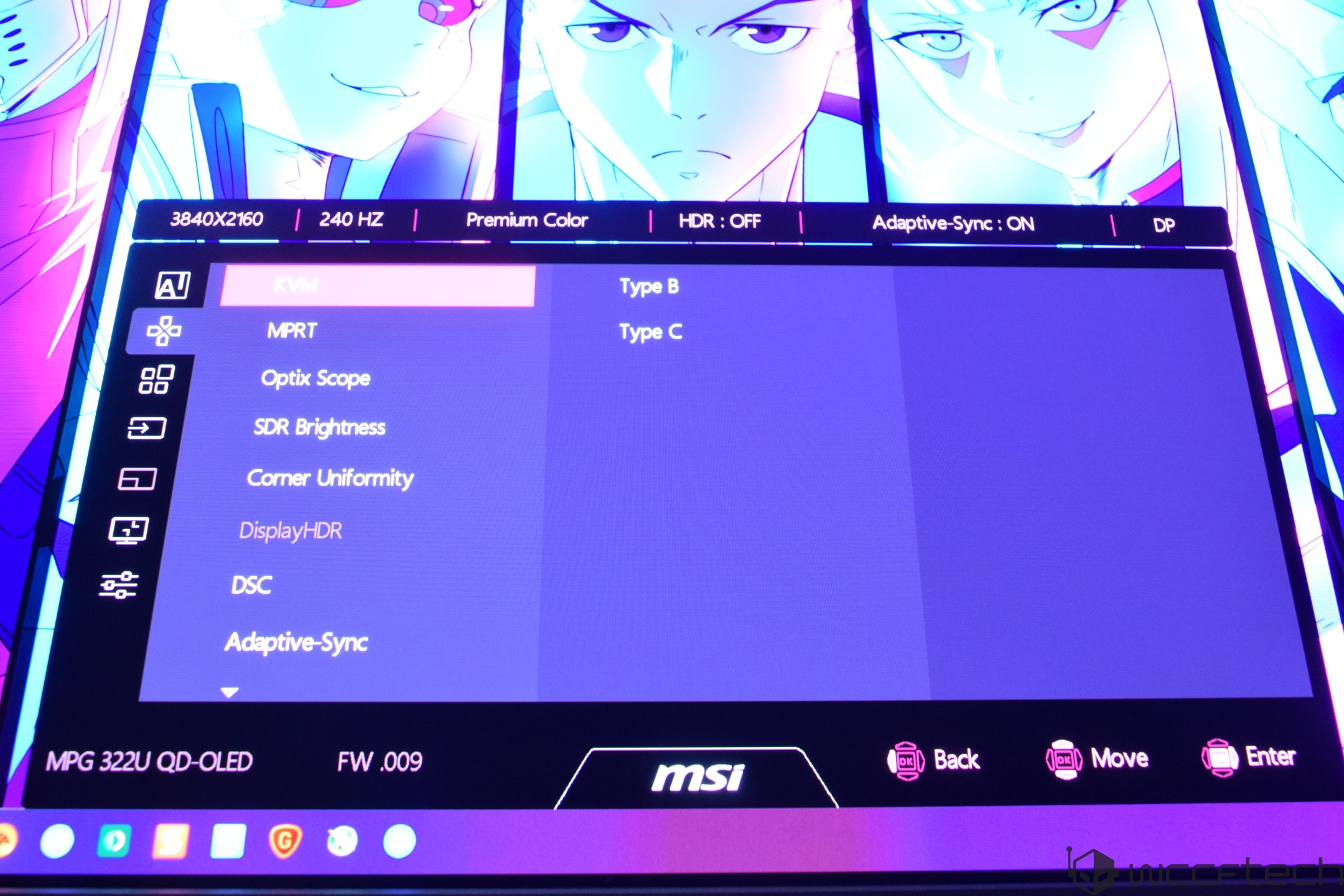 The MSI MPG 322U QD-OLED monitor displays an on-screen menu with options like 'KVM' and 'Adaptive-Sync,' featuring a resolution of '3840x2160' and a refresh rate of '240 Hz.'
