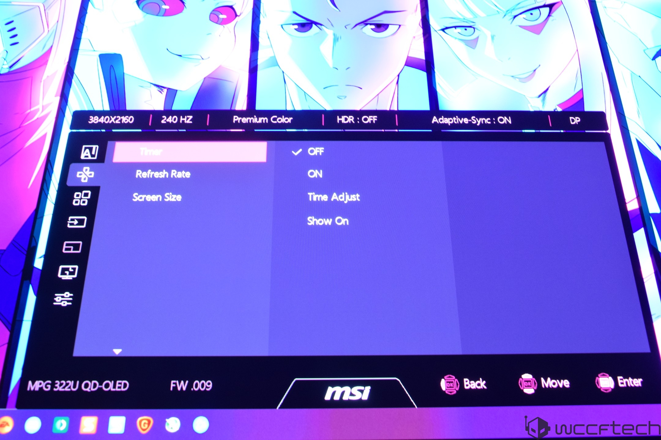 The MSI MPG 322U QD-OLED monitor displays an on-screen menu with options including 'Timer' set to 'OFF' and settings such as '3840X2160,' '240 HZ,' and 'Adaptive-Sync: ON.'