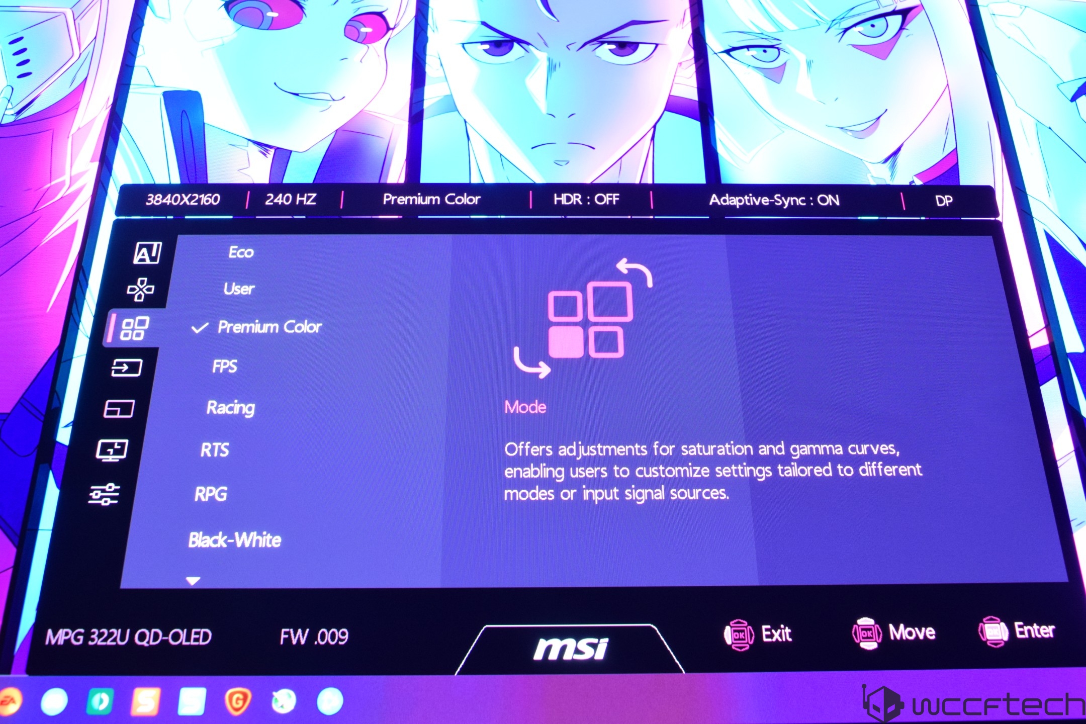 The MSI MPG 322U QD-OLED display shows a settings menu with options like 'Premium Color' selected, alongside details such as '3840X2160,' '240 HZ,' and 'HDR: OFF,' while animated characters are visible in the background.
