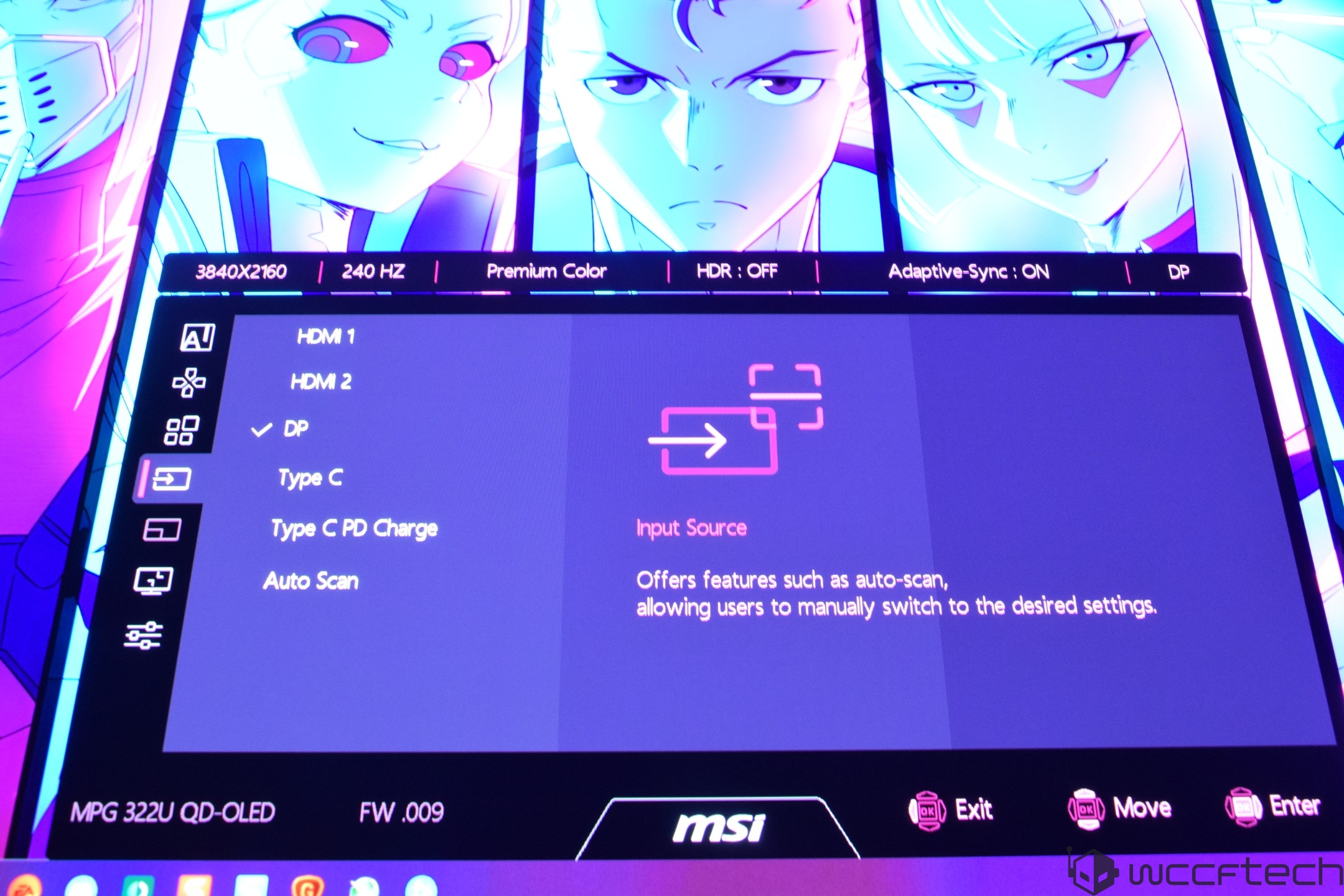 The MSI MPG 322U QD-OLED monitor displays an on-screen menu showing input options like HDMI, DP, and Type C, with the text 'Input Source' and settings such as '3840X2160' and '240 Hz'.