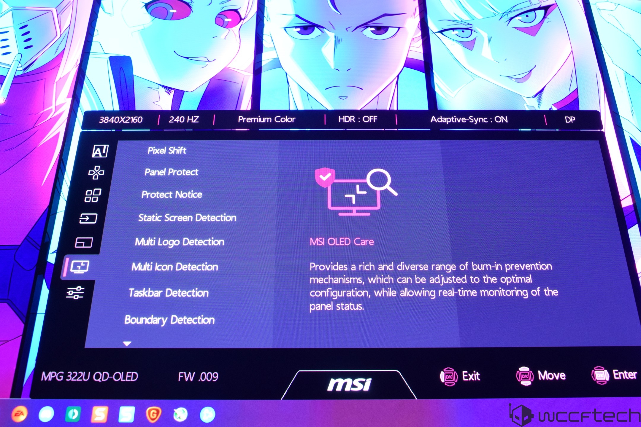 The MSI MPG 322U QD-OLED display shows the 'MSI OLED Care' options menu with features such as Pixel Shift and Multi Icon Detection, and is set to 3840x2160 resolution at 240 Hz.