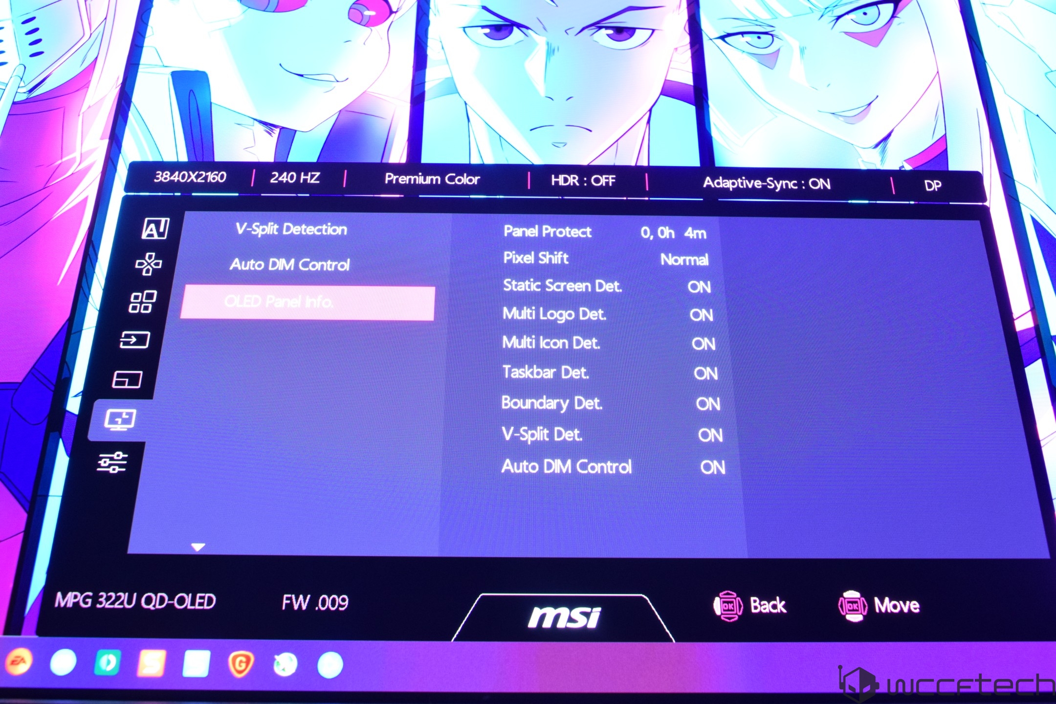The MSI MPG 322U QD-OLED display settings menu shows options like 'OLED Panel Info' and a resolution of '3840x2160' at '240 Hz'.