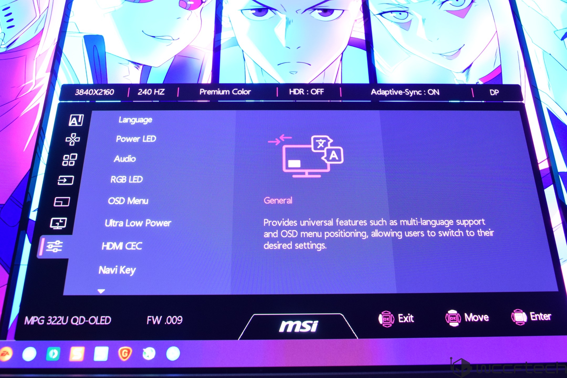 The MSI MPG 322U QD-OLED monitor display shows settings including '3840X2160,' '240 Hz,' and options like Language, Power LED, and OSD Menu.